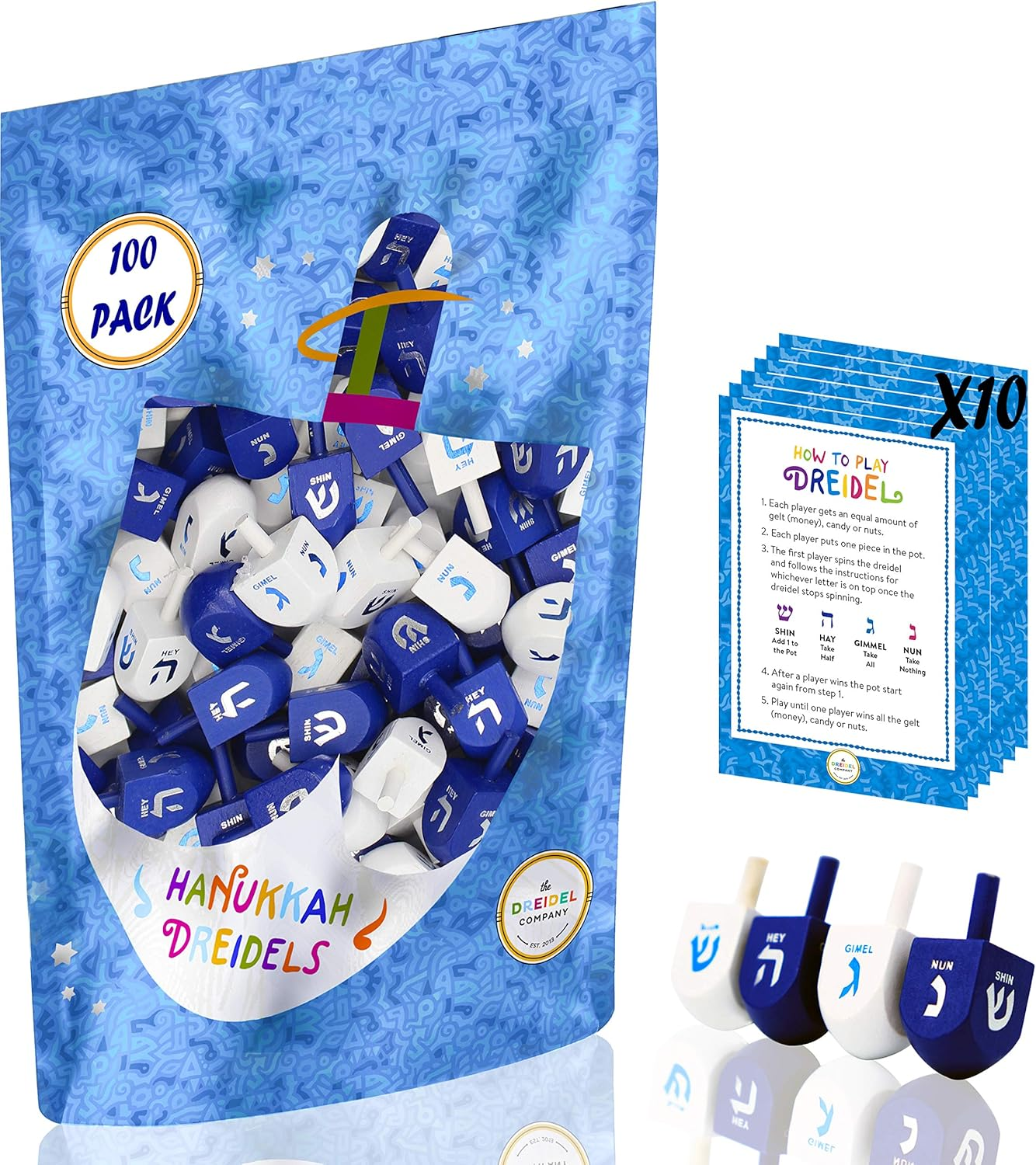 Hanukkah Dreidel Bulk Solid Blue & White Wooden Dreidels Hand Painted - Game Instructions Included! (4-Pack) image number 3