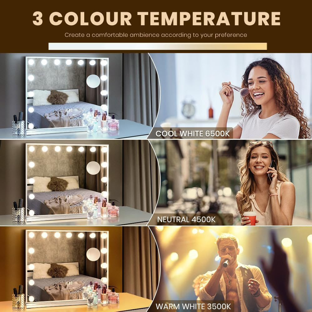 Simplus Vanity Makeup Mirror with Lights Hollywood LED Mirrors Stand, Smart Touch Control Screen and Time Display, 15 Dimmable LED Lights Stable Base White, 60X52Cm image number 3
