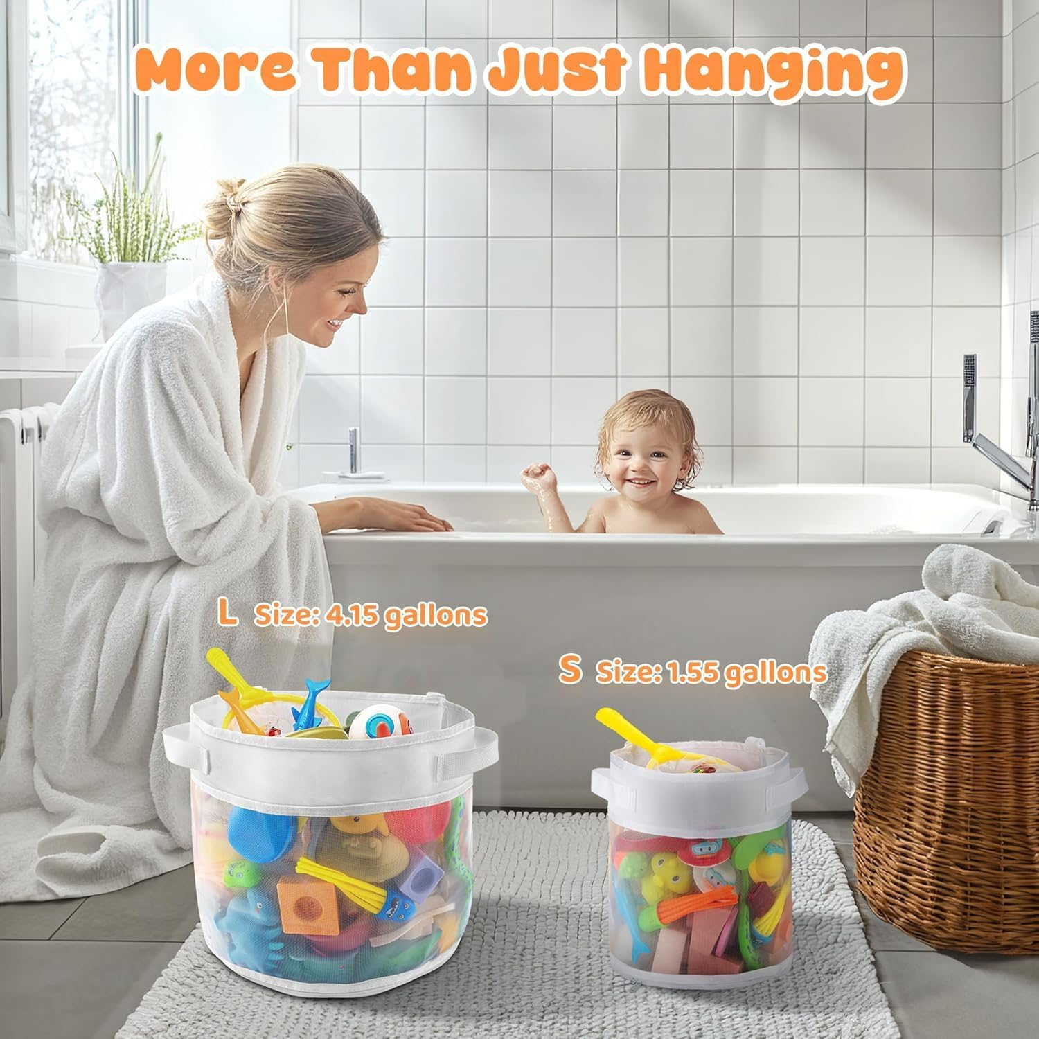 4 Gallons Bath Toy Organizer, Bottom Zipper Bathtub Toy Storage Bag, Quick Access Bath Toy Holder Baby Shower Games Bath Tub Quick Dry Baby Bath Toy Storage Accessory White image number 4