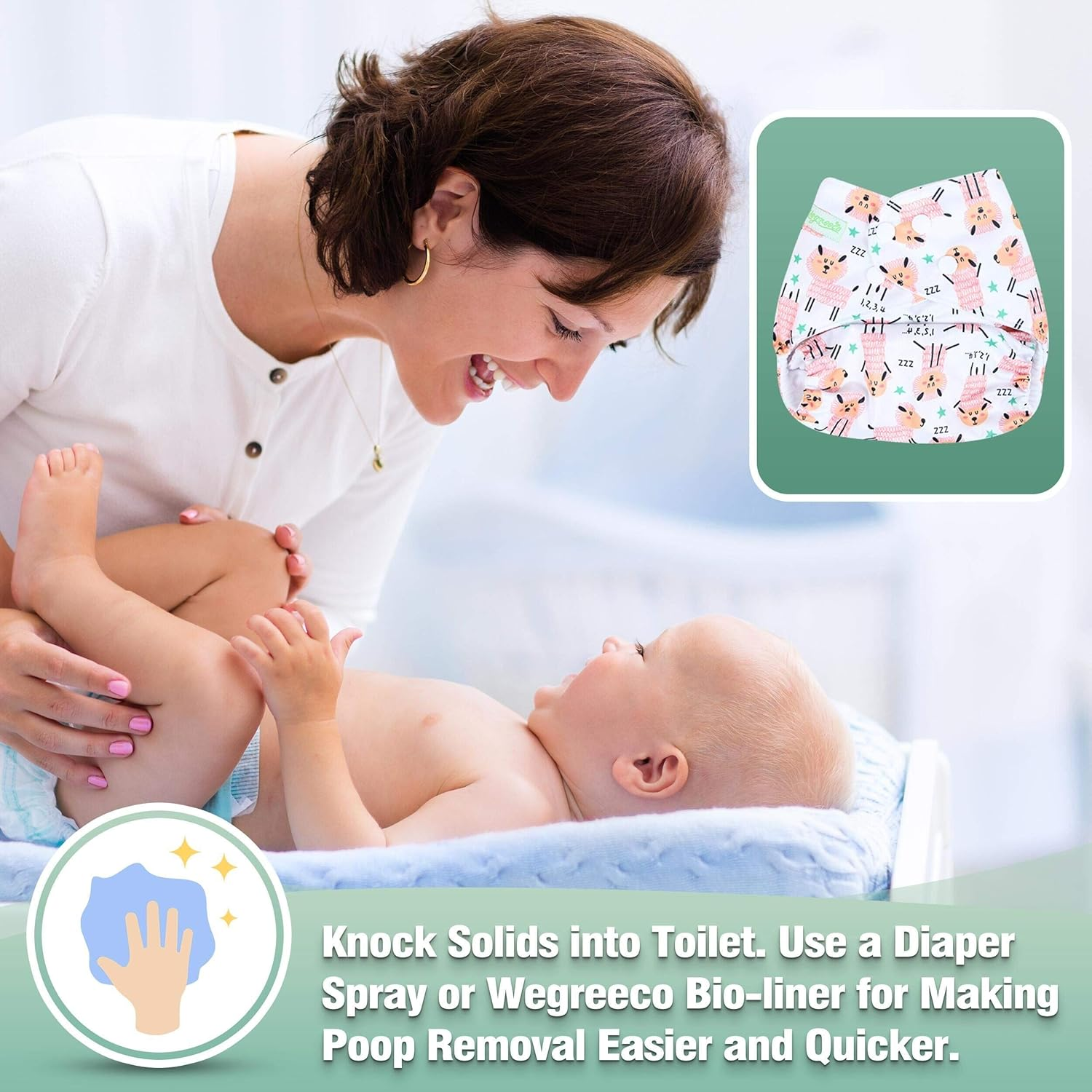Wegreeco Washable Reusable Baby Cloth Pocket Diapers 6 Pack + 6 Inserts + 1 Wet Bag - Animals image number 4