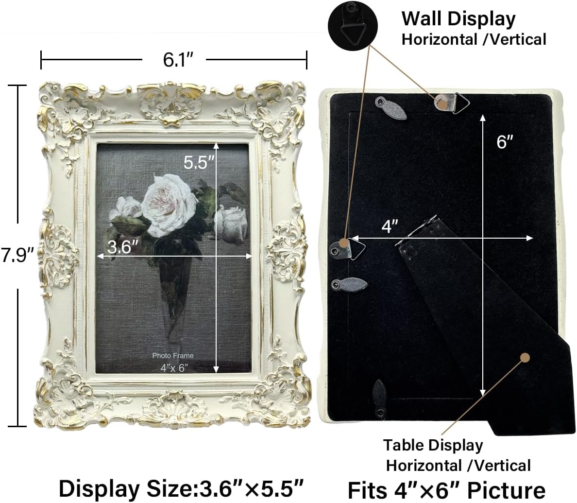 CISOO 4X6 Vintage Picture Frame, Antique Ornate White with Gold Photo Frame, for Table Top and Wall Display, Decorative Floral Design Retro Home Decor, Photo Gallery Art image number 6
