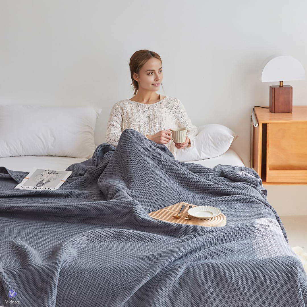 100% Cotton Thermal Blanket, Breathable Bed Blanket, Soft Waffle Blanket, All Season Cotton Blanket (Grey, 150X200Cm) image number 1
