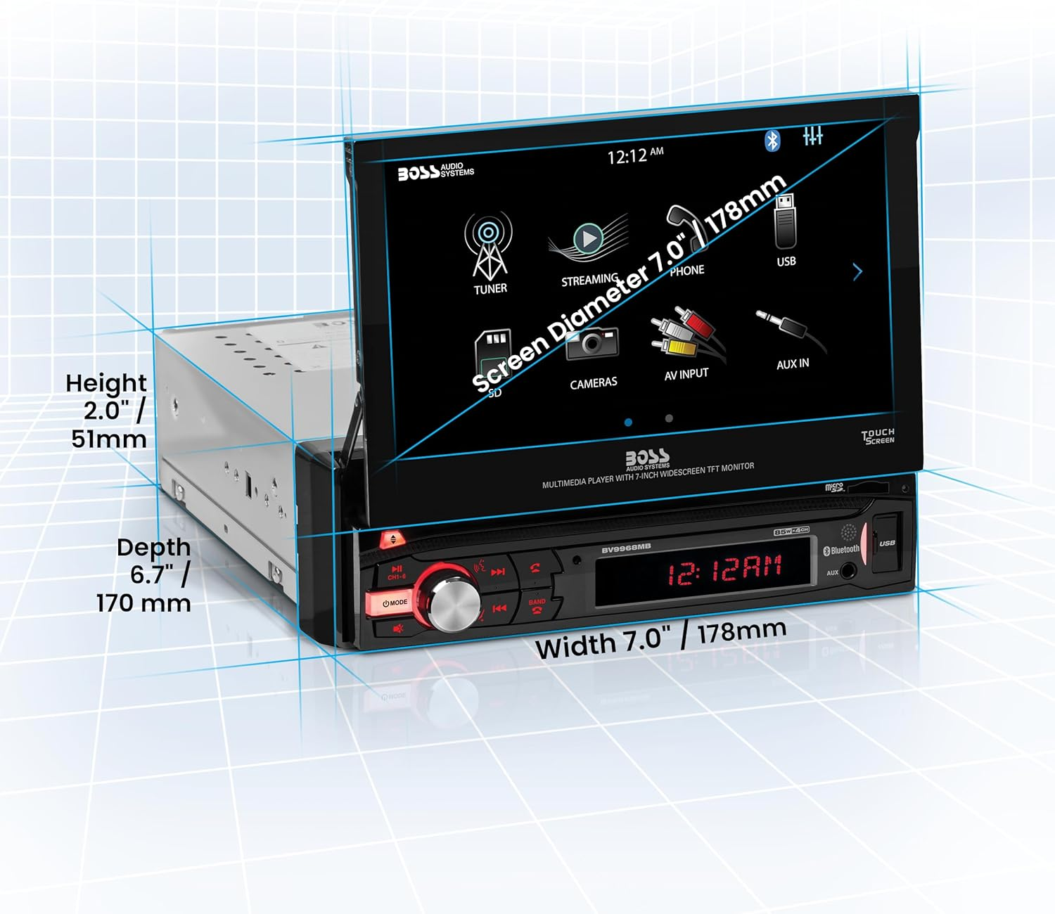 BOSS Audio Systems BV9968MB Car Stereo System - Single Din 7 Inch Head Unit, Touchscreen, Bluetooth Audio and Hands-Free Calling, AM/FM Radio Receiver, No CD Player, Aux-In, USB