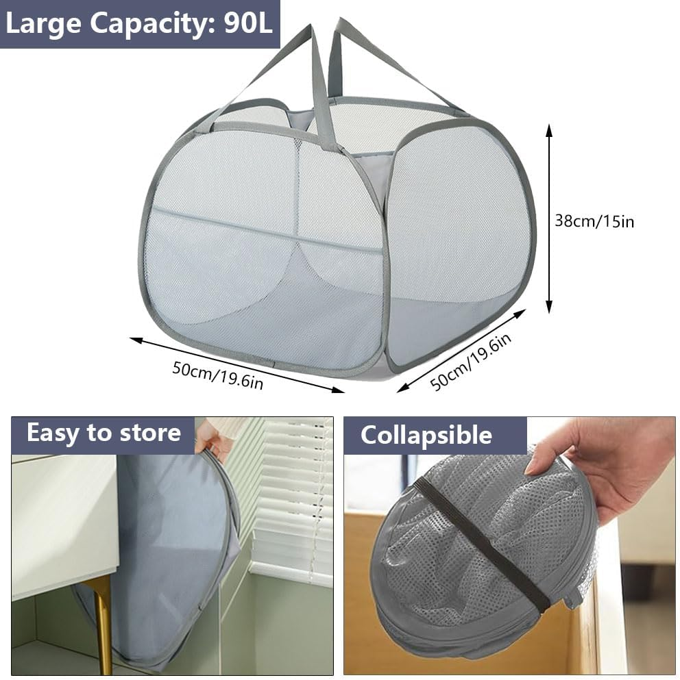 Vekol Thickened Laundry Basket Collapsible Laundry Hamper Large 90L Mesh Laundry Hamper Foldable Laundry Basket with Side Pocket for Laundry Room, Bathroom, Kids Room (Grey) image number 4