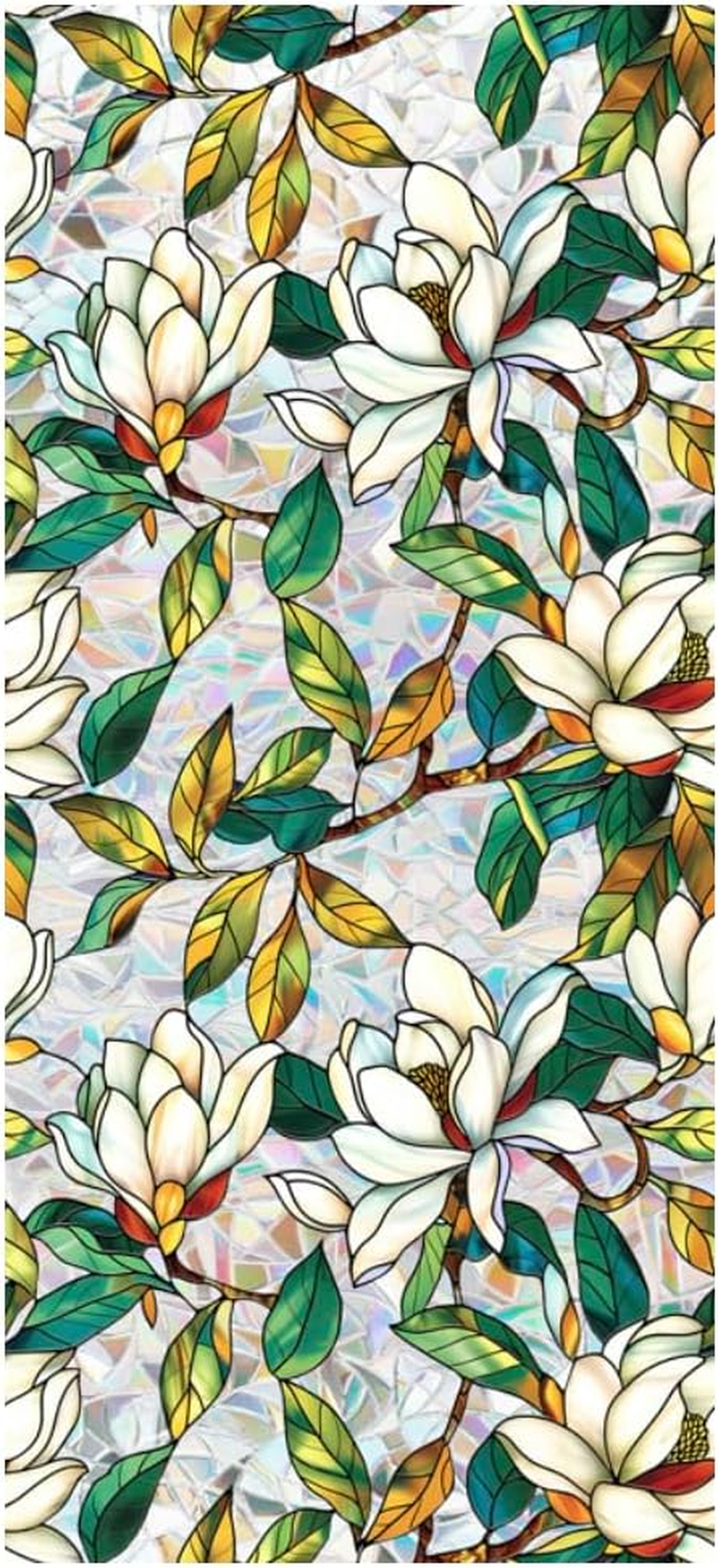 JOONOR Retro Gardenia Flowers Window Privacy Film,Gardenia Stained Glass Window Tint for Home,3D Rainbow Static Cling Sticker for Bathroom Living Room Glass Door,16.93 X 39.37 Inch image number 4