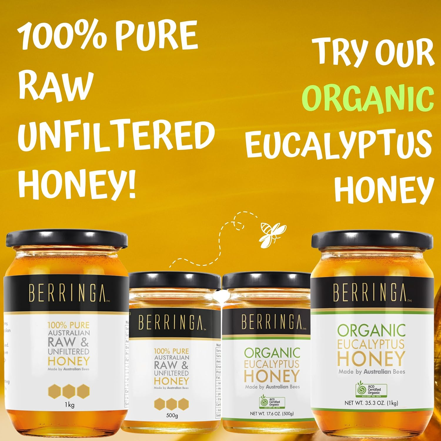Berringa Certified Eucalyptus Honey 1KG - Australian Raw Honey | Unfiltered | 100% Pure Genuine Locally Sourced | Cold Extracted | Non-Gmo Superfood | Gluten Free Food | Bulk | Glass Jar image number 1