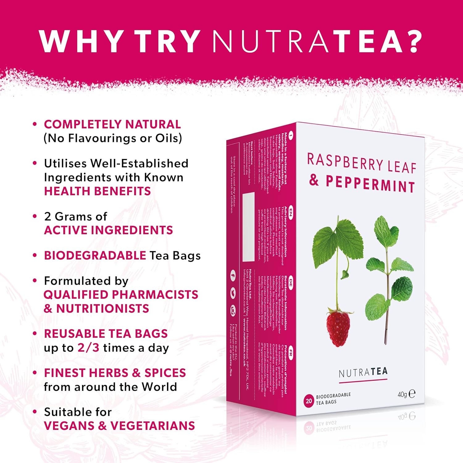 Nutra Tea - Raspberry Leaf & Peppermint Tea - Raspberry Leaf Tea for Pregnancy & Expectant Mothers - 40 Tea Bags - Herbal Tea - (2 Pack) image number 2