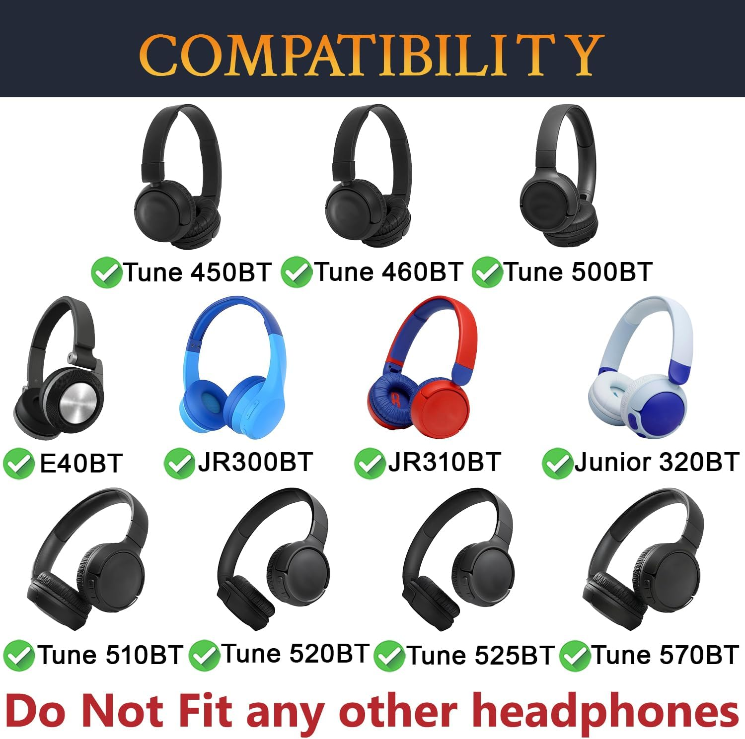 SOULWIT Earpads Replacement for JBL Tune 450Bt/Tune 460Bt/Tune 500Bt/Tune 510Bt/Tune 520BT/JR 300BT/JR 310Bt/E40Bt/Junior 320BT, Ear Pads Cushions with Soft Protein Leather - Black - Cooling Gel - Black Gold image number 5