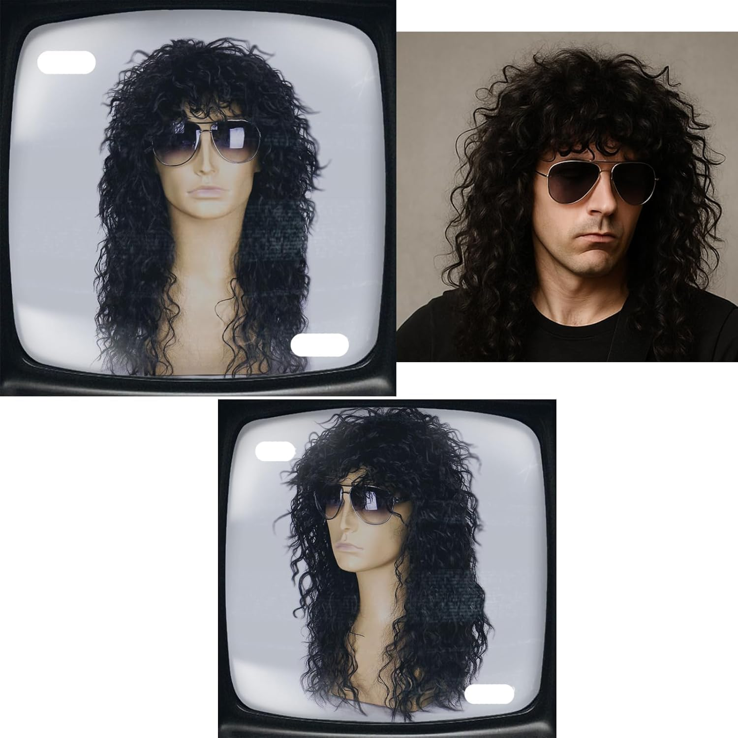 Men'S Hippie Rock Disco Costume Hair ，70S 80S 90S Retro Long Black Curly Wig ， for Halloween, Cosplay, Theme Parties & Rave image number 4