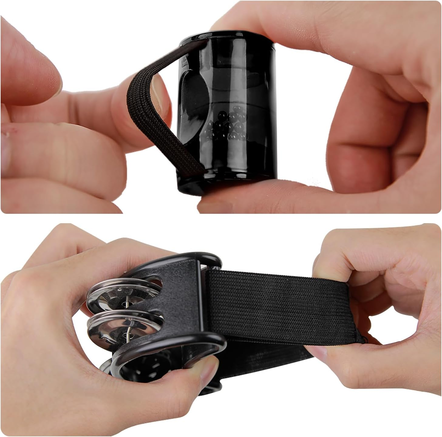 2 Set Foot Tambourine Shaker & Rhythm Finger Shaker with Elastic Strap, Percussion Musical Instrument Set for Ukulele Guitar Drum Mandolin Banjo Playing (Black) image number 6