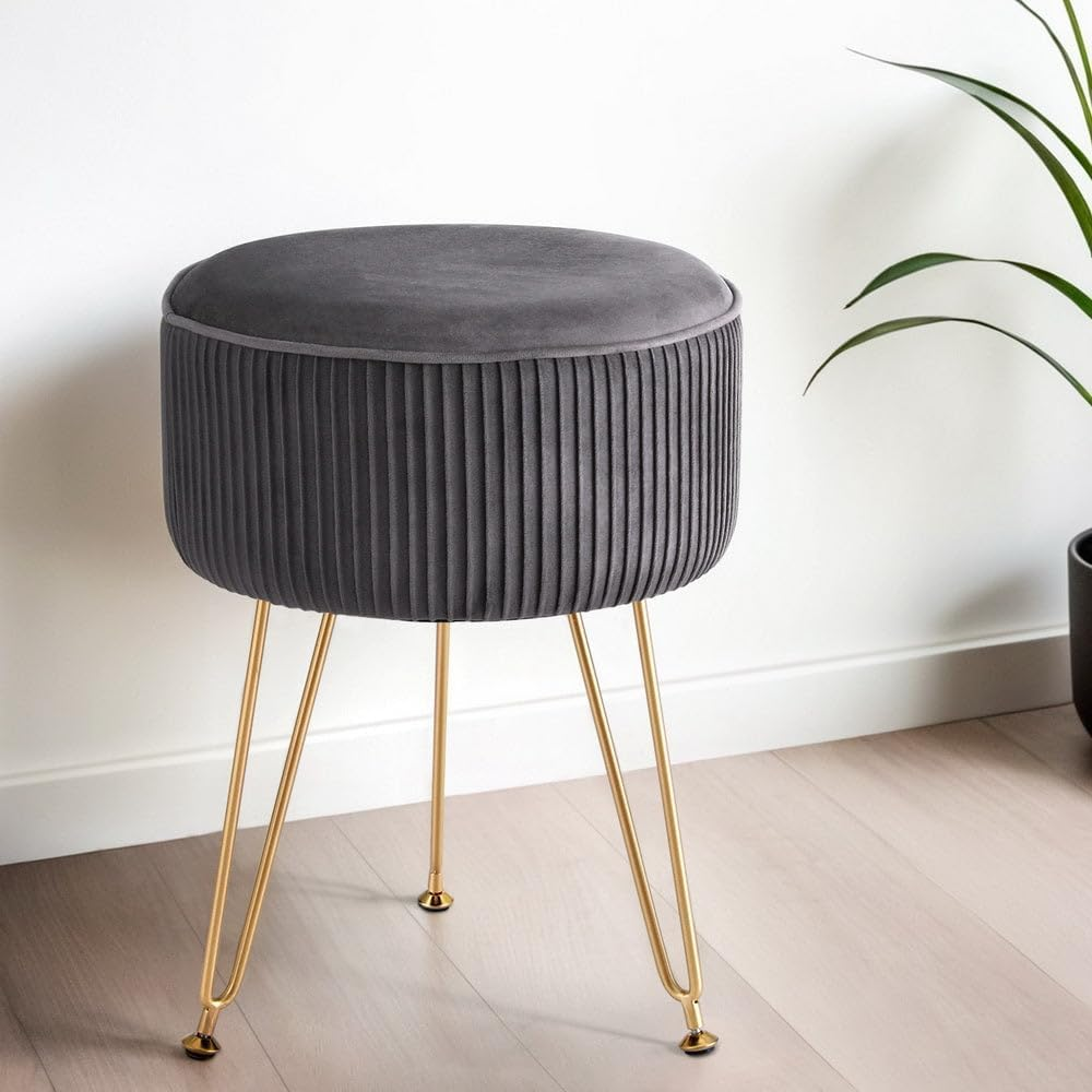 Artiss Ottoman Foot Stool, Velvet Lounge Foot Pouf Make up Vanity Stool, Vertical Stripe Padded Seat Home Decor Bedroom Hallway Office Living Room, round Grey image number 1