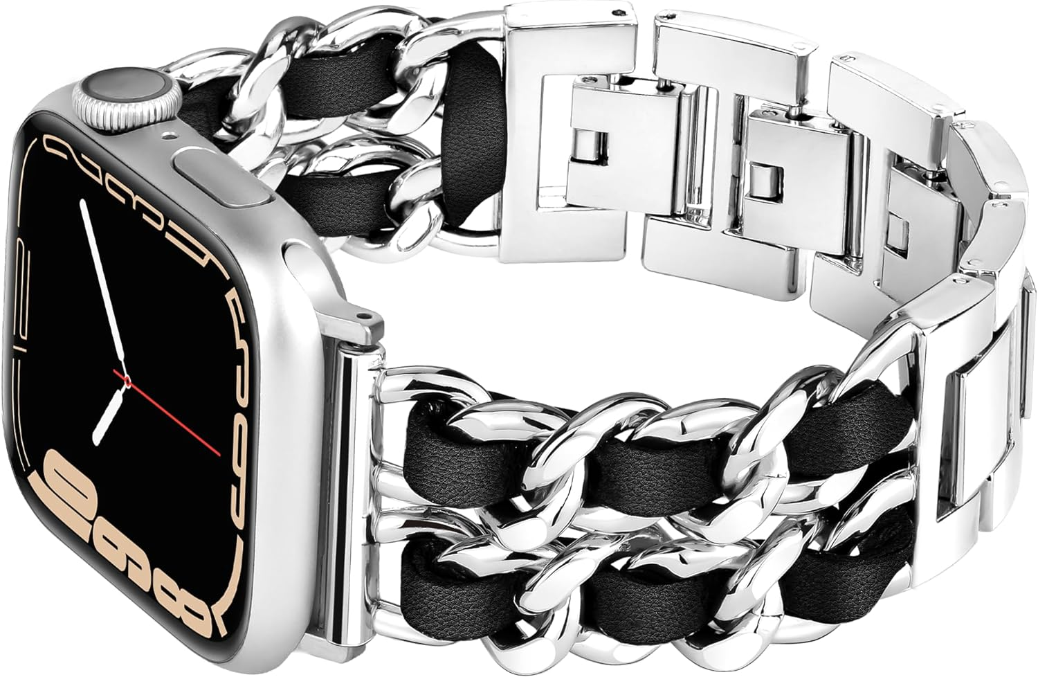 Ocaer Compatible with Apple Watch 49Mm 46Mm 45Mm 44Mm 42Mm 41Mm 40Mm 38Mm, Jewelry Chain Iwatch Band for Apple Watch Series 11 10 9 8 7 6 5 4 Ultra 3 SE 3 2 1,Metal Bracelet with Leather for Women