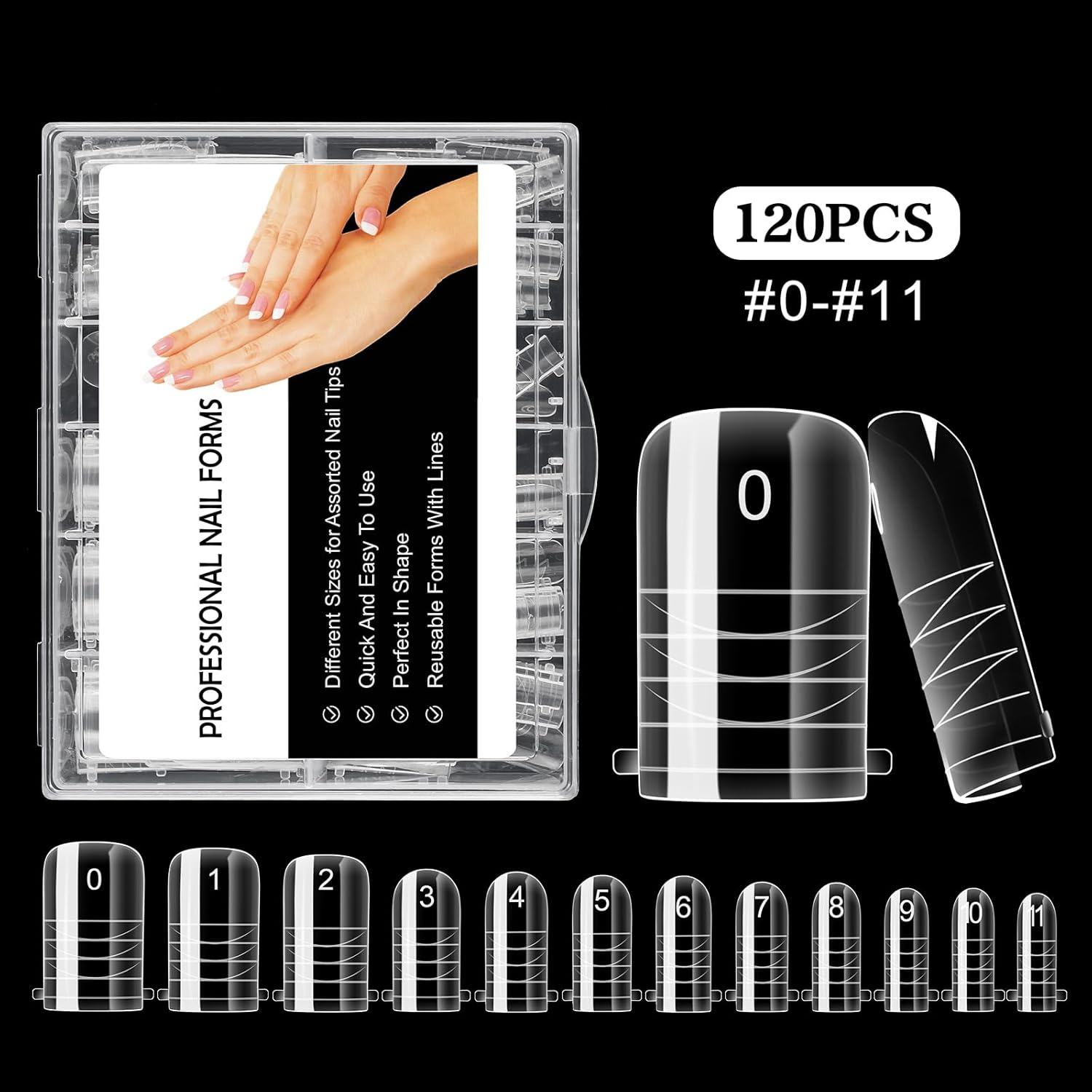 BNG Pack of 120 Poly Gel Nail Shapes for Toes, 12 Sizes, Long Square Double Shapes for Polygel Pedi Nail Extension, Poly Gel Toenails Set, Reusable Toenail Tips Shape, Clear image number 4