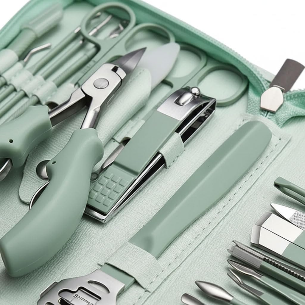 35 in 1 Professional Manicure & Pedicure Set, Stainless Steel Nail Care Kit with Leather Case &ndash; Portable Nail Tools for Travel & Home Use (Green) image number 1