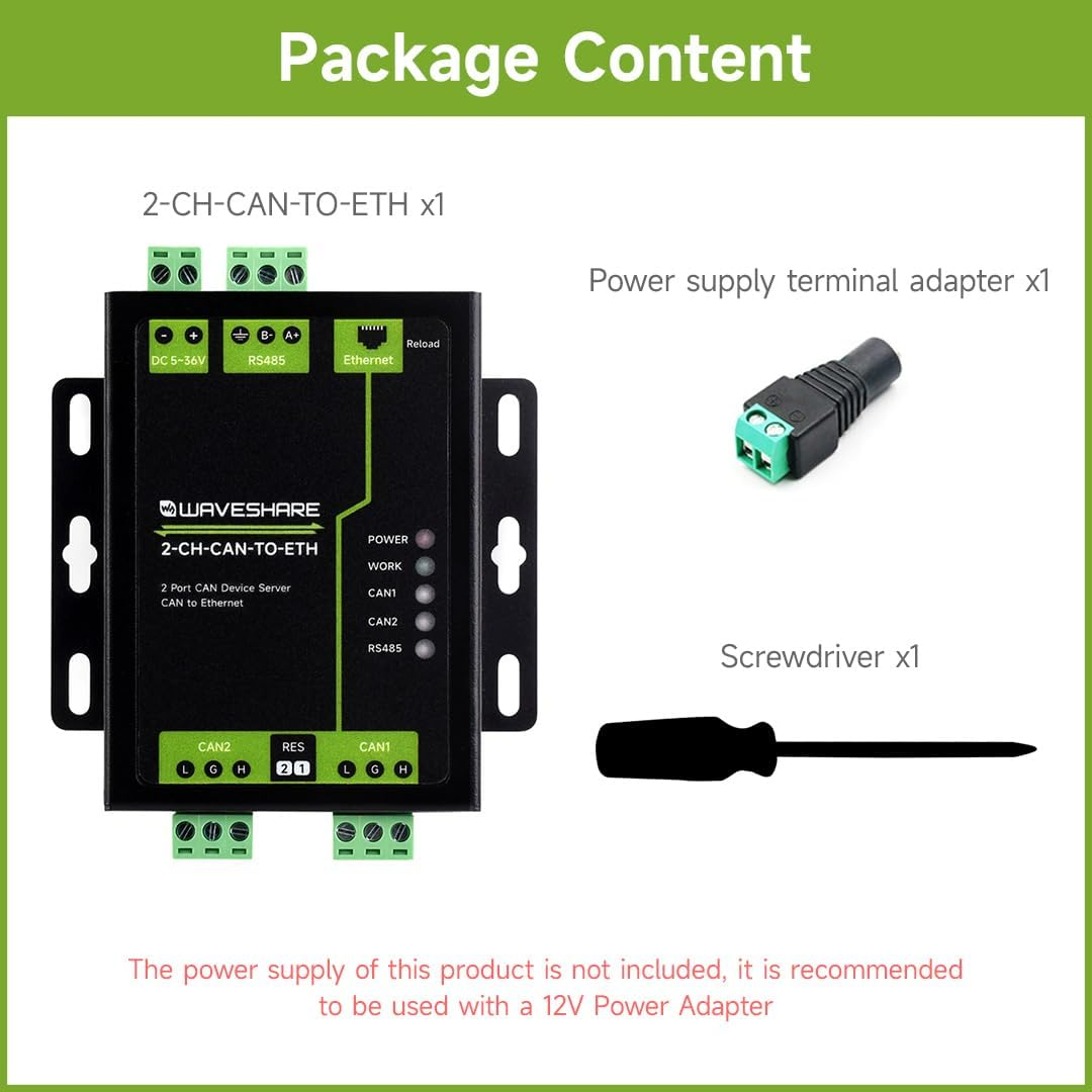 Waveshare Industrial Grade 2-Ch CAN to Ethernet Server, 2-Ch CAN + RS485 + Ethernet Port, Supports CAN Repeater/Can to RS485, Dual SOCKET, Aluminium Alloy Case, Wall-Mount Support image number 1