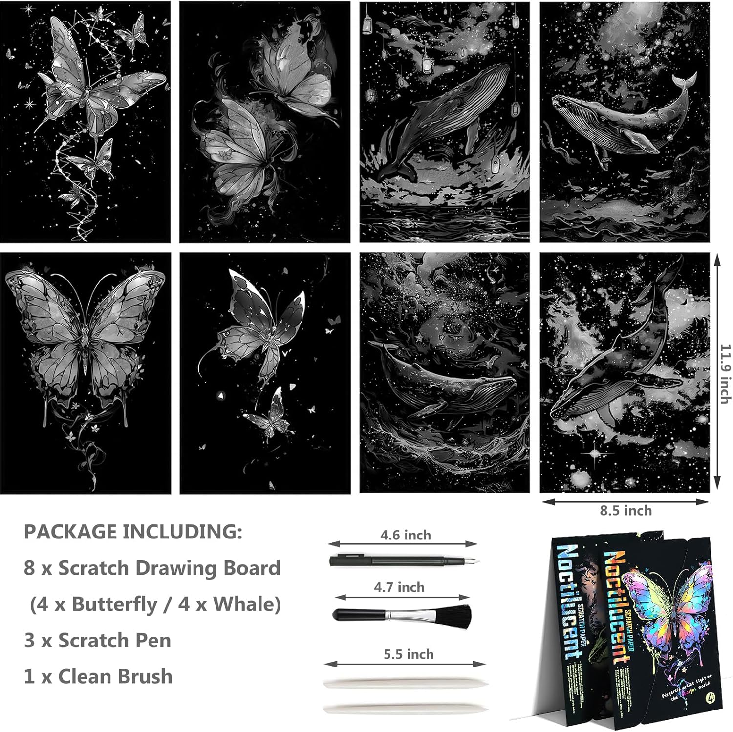 Glow in the Dark Scratch Art Rainbow Painting Paper 8 Sheet with Pen / Cleaning Brush, Engraving Landscape Scratchboard(A4) for Kids Teens & Adults, Fun Sketch Card Creative Craft Toy (Animal) image number 3