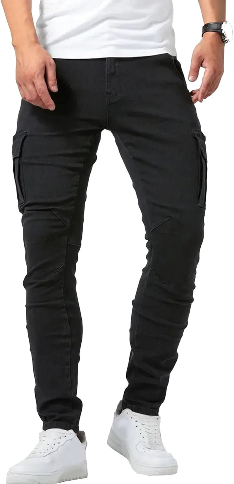Men'S Skinny Cargo Jeans with Pocket Washed Stretch Slim Fit Denim Pants Comfort Regular-Fit Tapered Jean, Black, XL