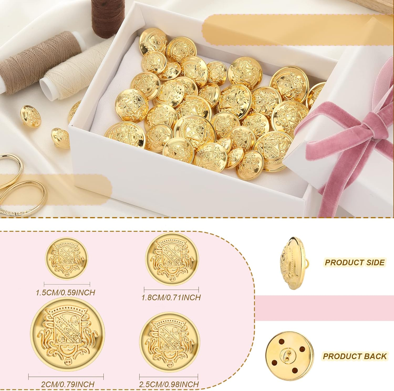 40 Pcs Metal Blazer Button Set - Vintage Gold Sewing Buttons with Emblem Shank for Suits, Sport Coat, Uniform Jacket - Brass 15Mm 18Mm 21Mm 25Mm image number 6