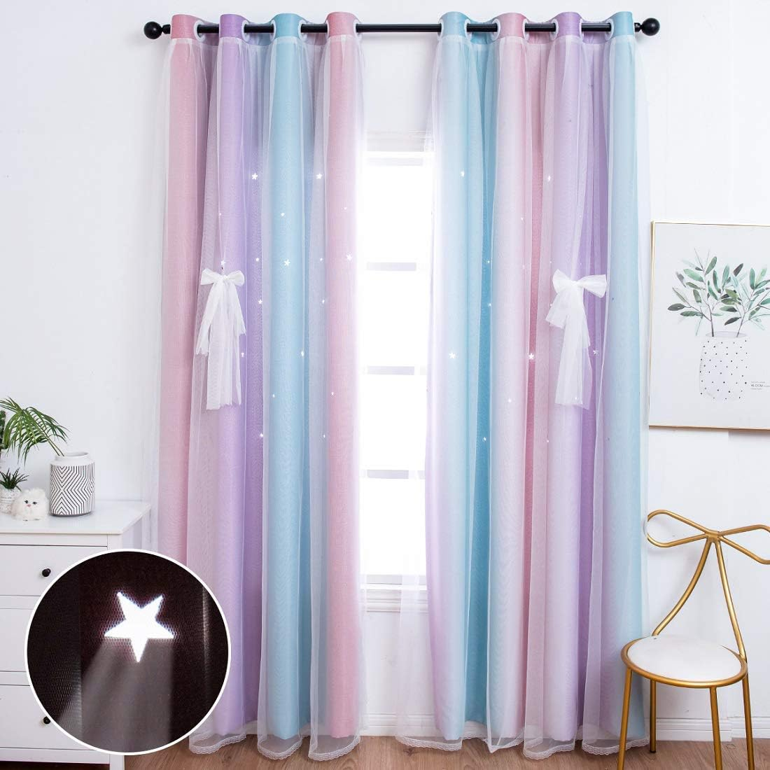 UNISTAR 2 Panels Stars Blackout Curtains for Bedroom Girls Kids Baby Window Curtain Double Layer Star Cut Out Aesthetic Living Room Decor Wall Home Decorations Curtain,W52 X L63 Inches,Grey