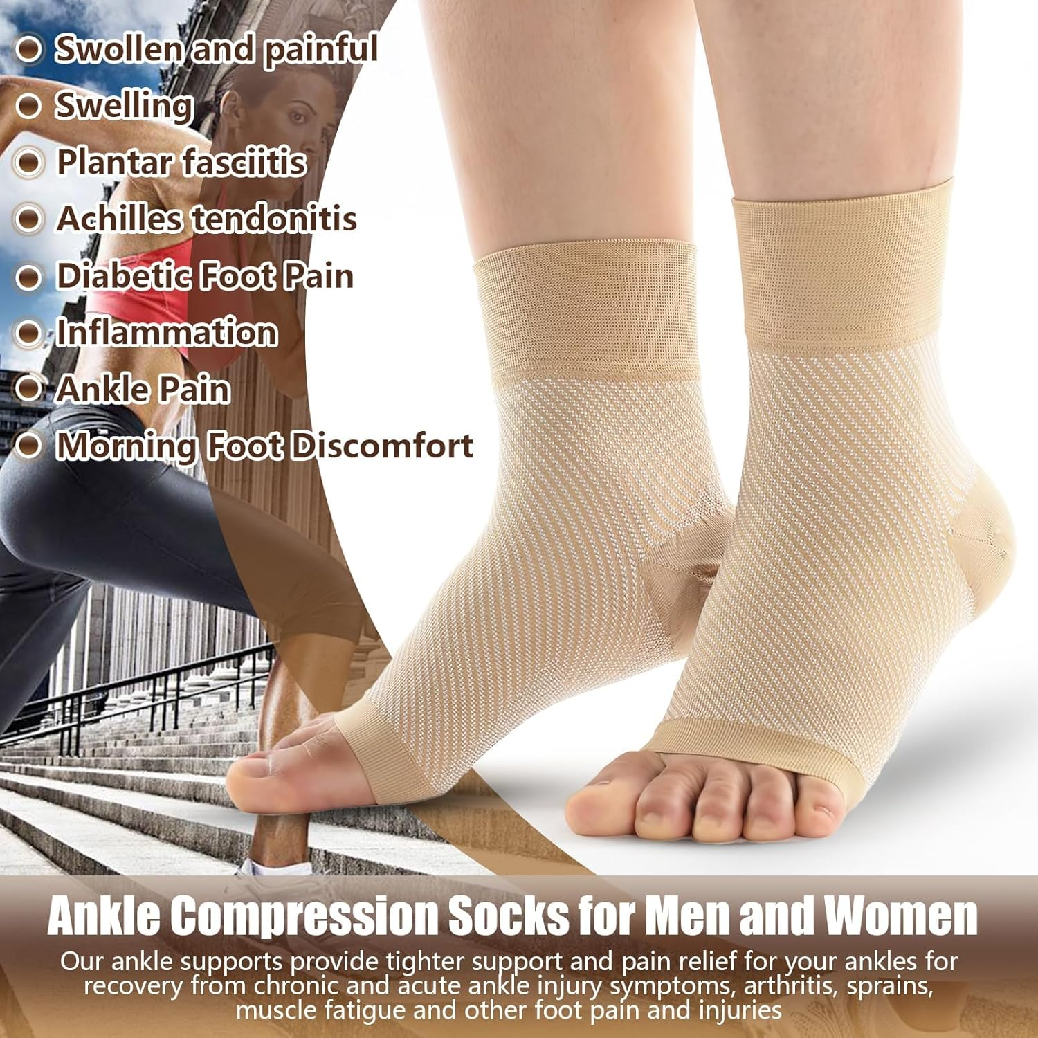 Ankle Brace Compression Sleeves, 2 Pack Open Toe Compression Socks for Swelling, Ankle Support Sleeve for Heel Spurs, Achilles Tendonitis, Plantar Fasciitis, Sprain (Beige L/XL) image number 5