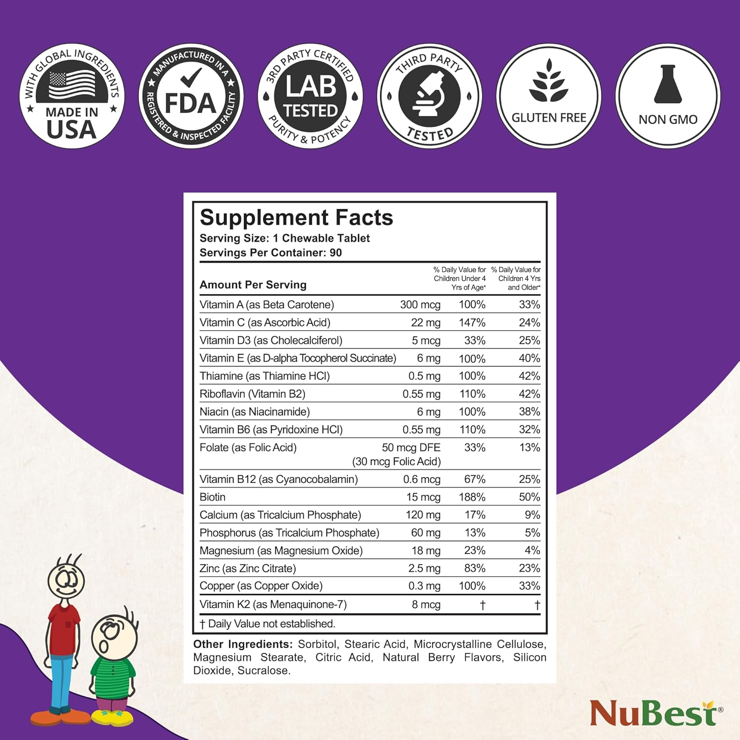 Nubest Tall Kids - Helps Kids Grow & Develop Healthily - Immunity & Bone Strength Support - Multivitamins & Minerals for Kids Ages 2 to 9 - Animal Shapes - 90 Chewable Berry Tablets | 1.5 Month Supply image number 3