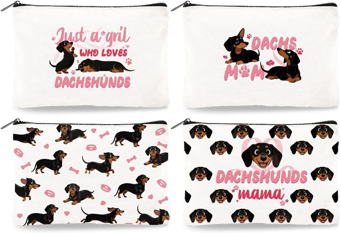 4Pcs Canvas Cute Dachshund Dog Makeup Bag - 23 X 15 Cm Dachshund Cosmetic Bags Travel Organizer Portable Accessories with Zipper, Toiletry Large Capacity, Purse Organizer Pouches image number 4