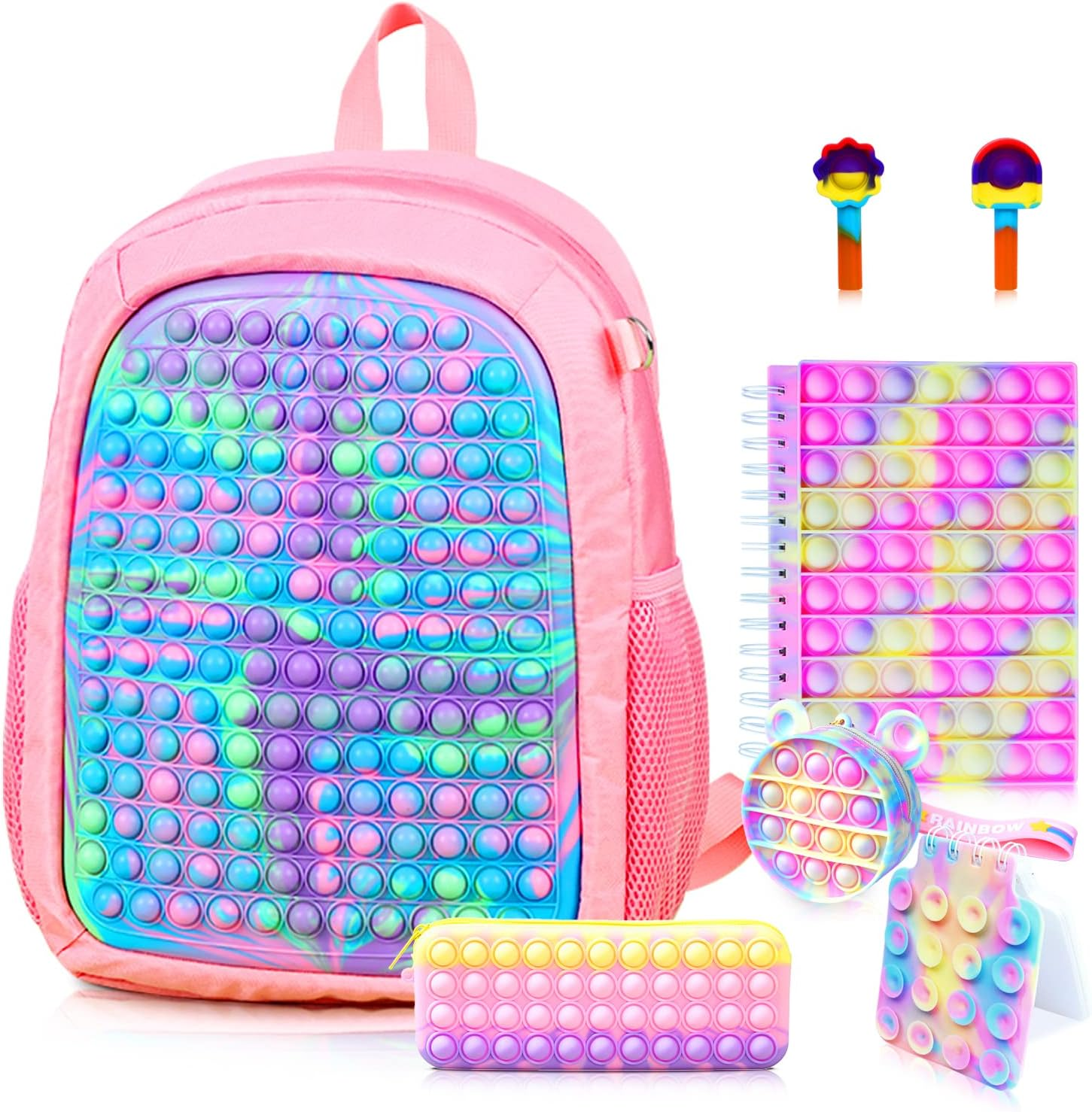 Large Pop Fidget Backpack for Girls, Pop It Bags&Pop It Notebook and Pencil Case for Kids' Fidget School Supplies for Elementary Student Stress Relief, Great Birthday Present Gift for Kids, Pink image number 6
