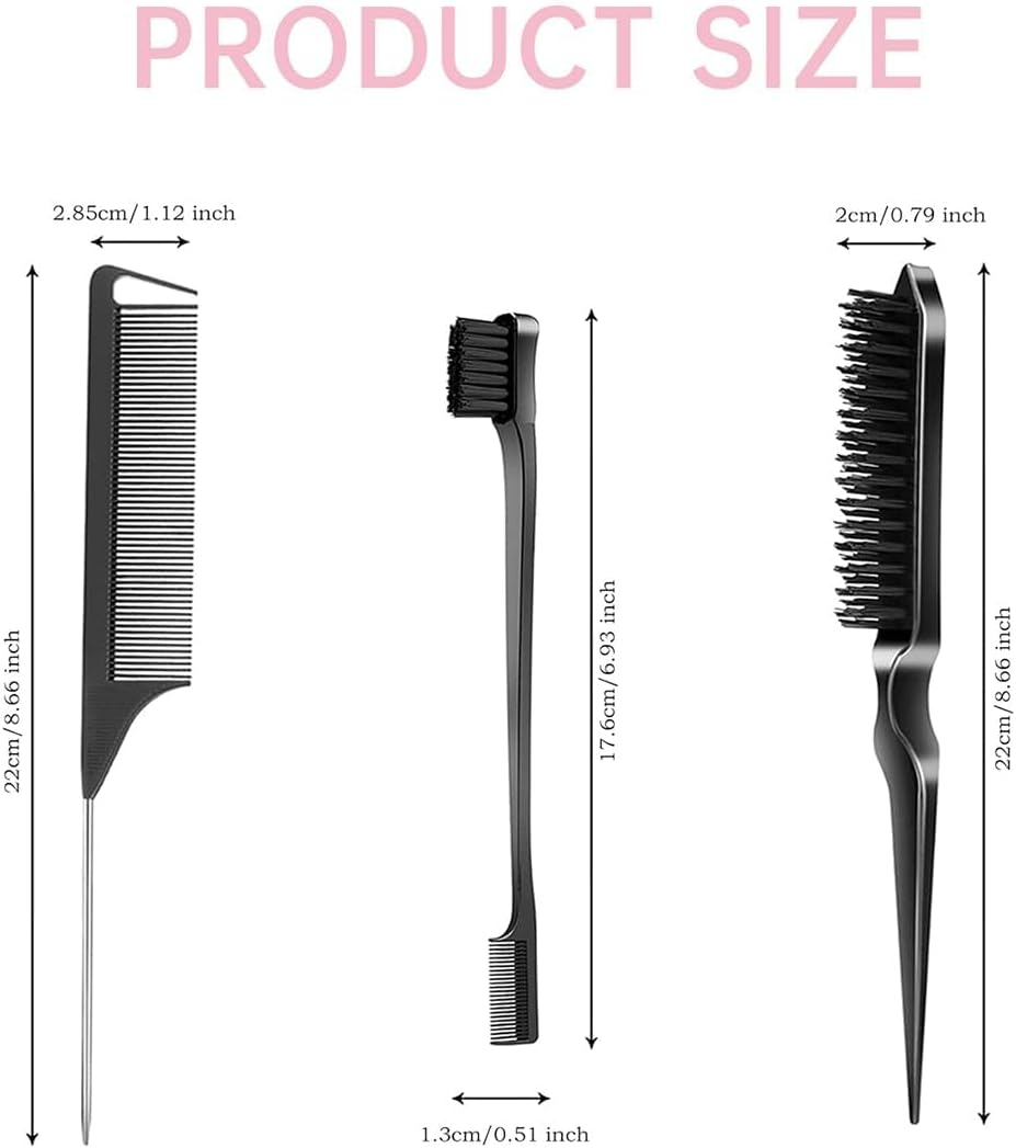 Slick Back Hair Brush Edge Brush, 6Pcs Teasing Comb Bristle Brushes, Bristle Hair Brush Edge Control Brush Teasing Comb,Hair Styling Comb Bristle Teasing Brush, Rat Tail Comb Dual Edge Brush,Black image number 6