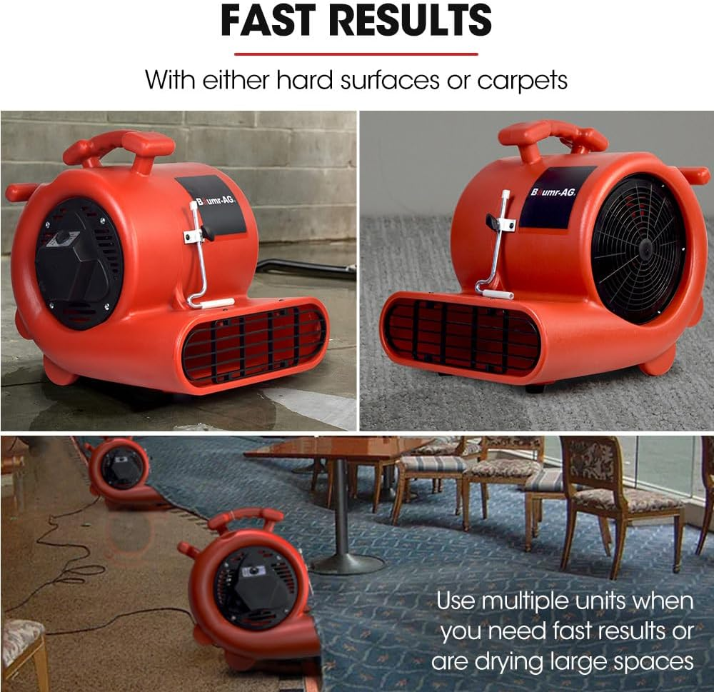 Baumr-Ag Carpet Floor Dryer Air Mover Blower Fan, 3-Speed, 1300CFM, Commercial/Home image number 6