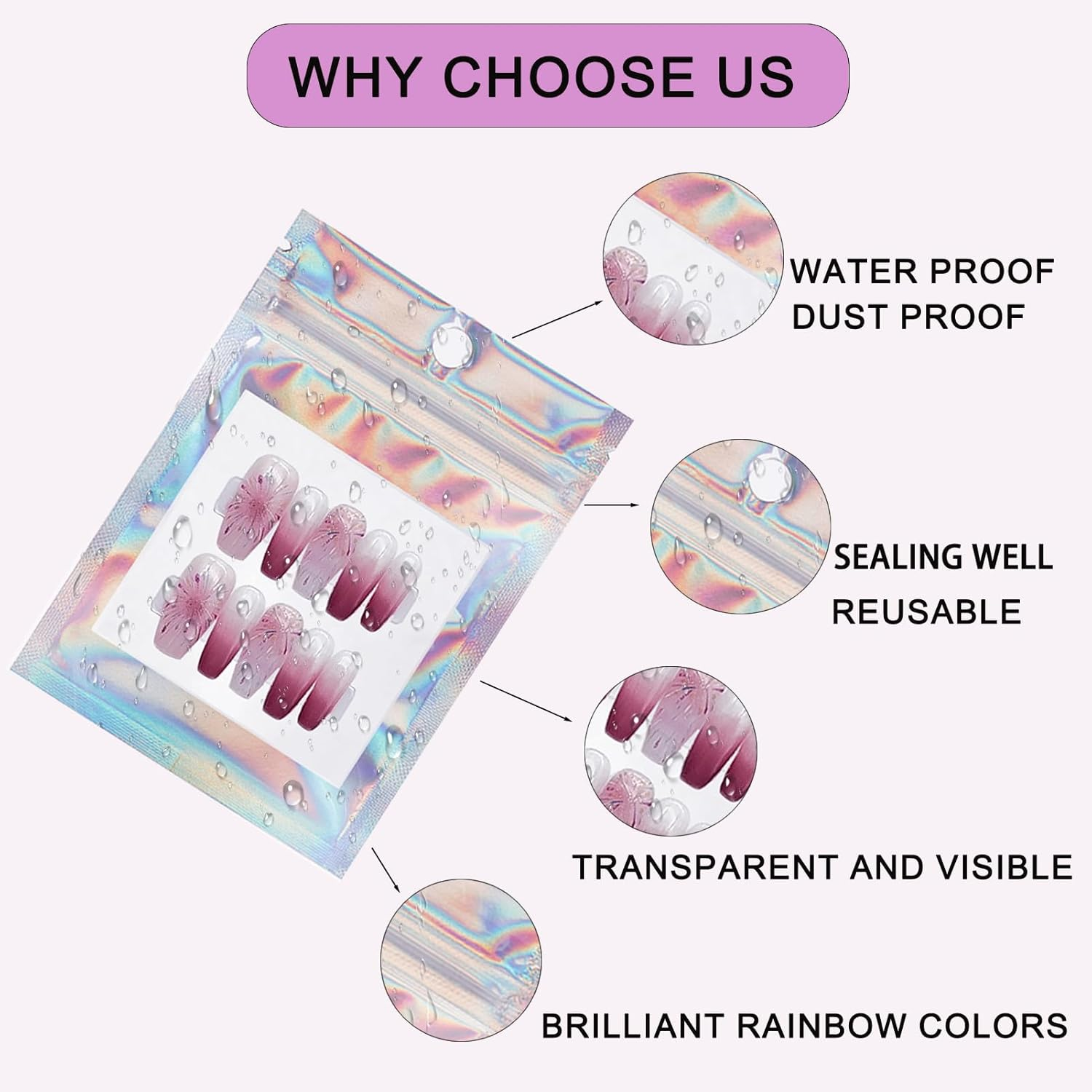 100 PCS Press on Nail Packaging Bag for False Nail Tips Holographic Press on Nail Storage Bag 100 PCS White Card with 2 Roll Transparent Tape for Nail Display Fake Nail Storage Organizer Nail Supplies image number 5