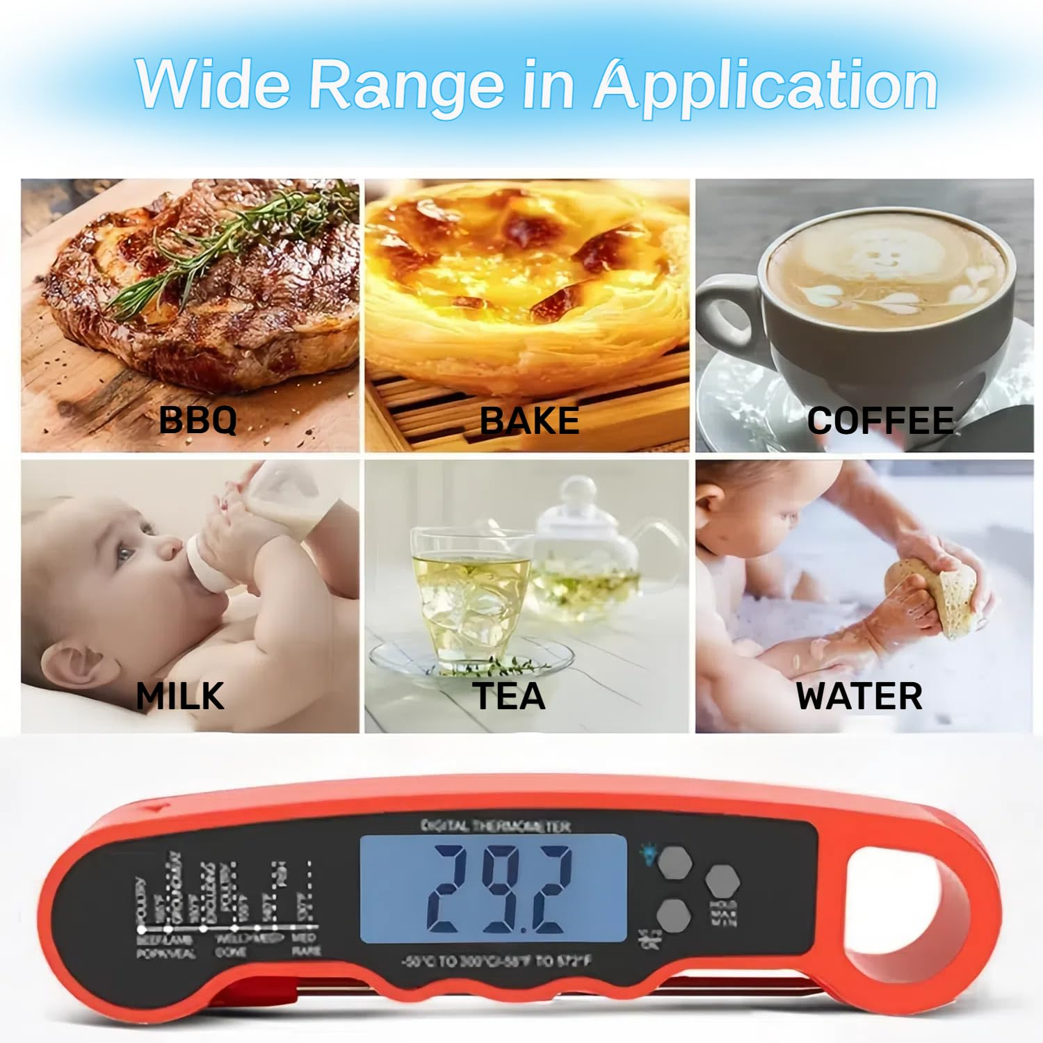 Digital Meat Thermometer, Waterproof Kitchen Thermometer with Backlight and Hold, Fast Instant Read Food Thermometer for Cooking, Candy Making, outside Grill, Stocking Stuffers image number 3