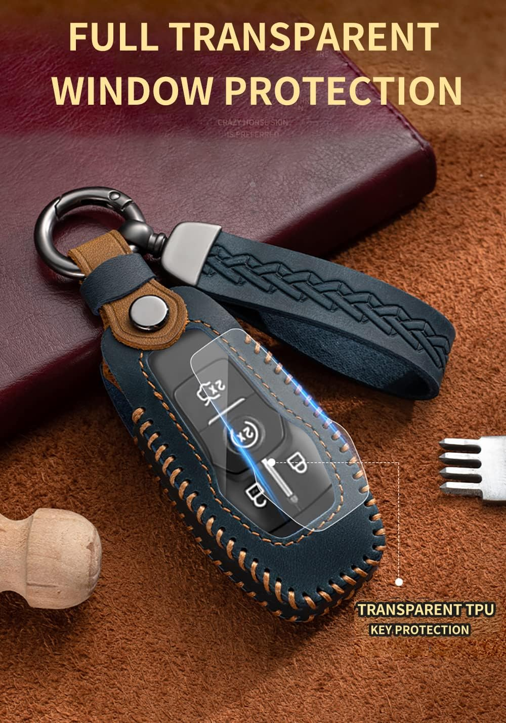 HIBEYO Leather Key Fob Cover for Ford F150 Explorer Mustang Fusion Edge Escape Mondeo Raptor F-250 F-350 F-450 F-550 Car Key image number 6