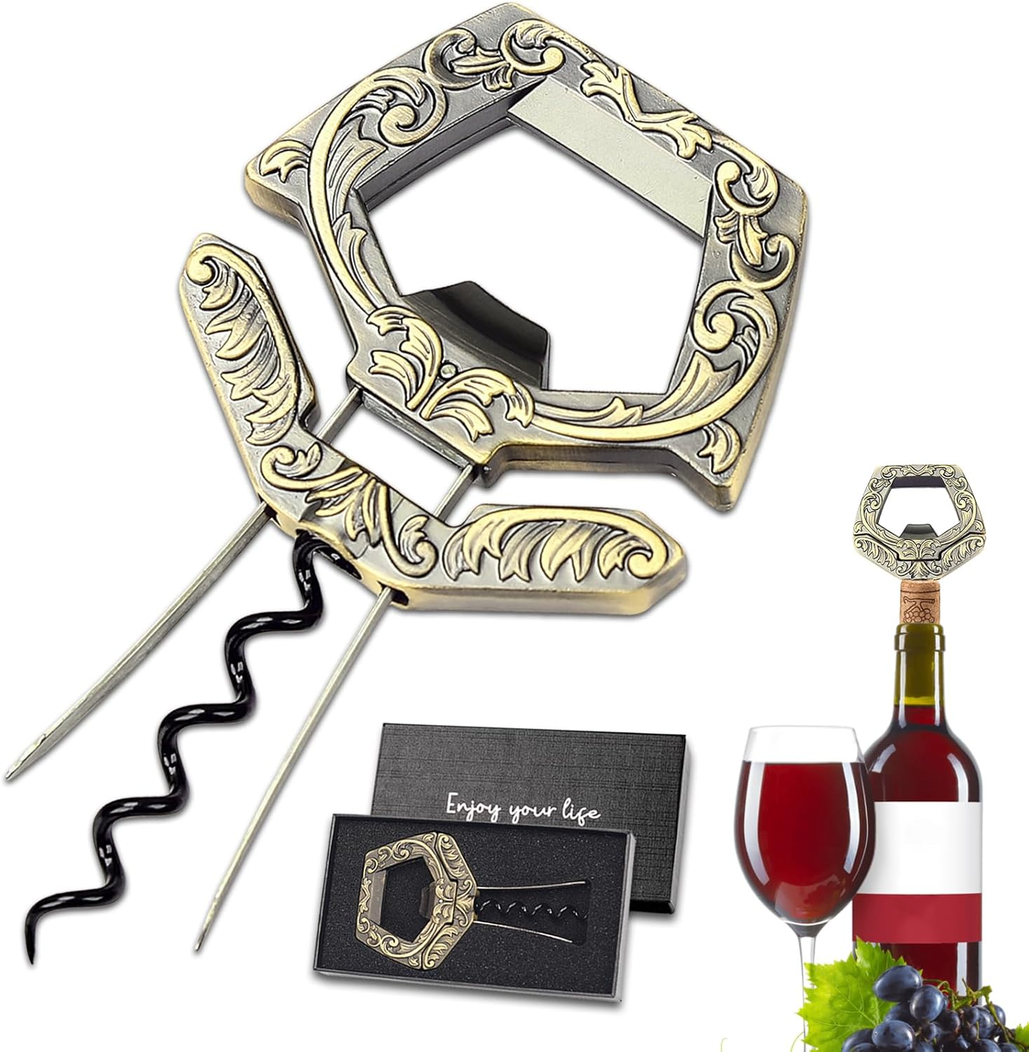 LUCYLANKER Corkscrew Old Wine, Ah so Wine Opener for Vintage Bottles, Two Prong Remover with Beer Bottle Opener, Waiter Corkscrew, Wine Connoisseur Collector for Uncorking (Bronze)