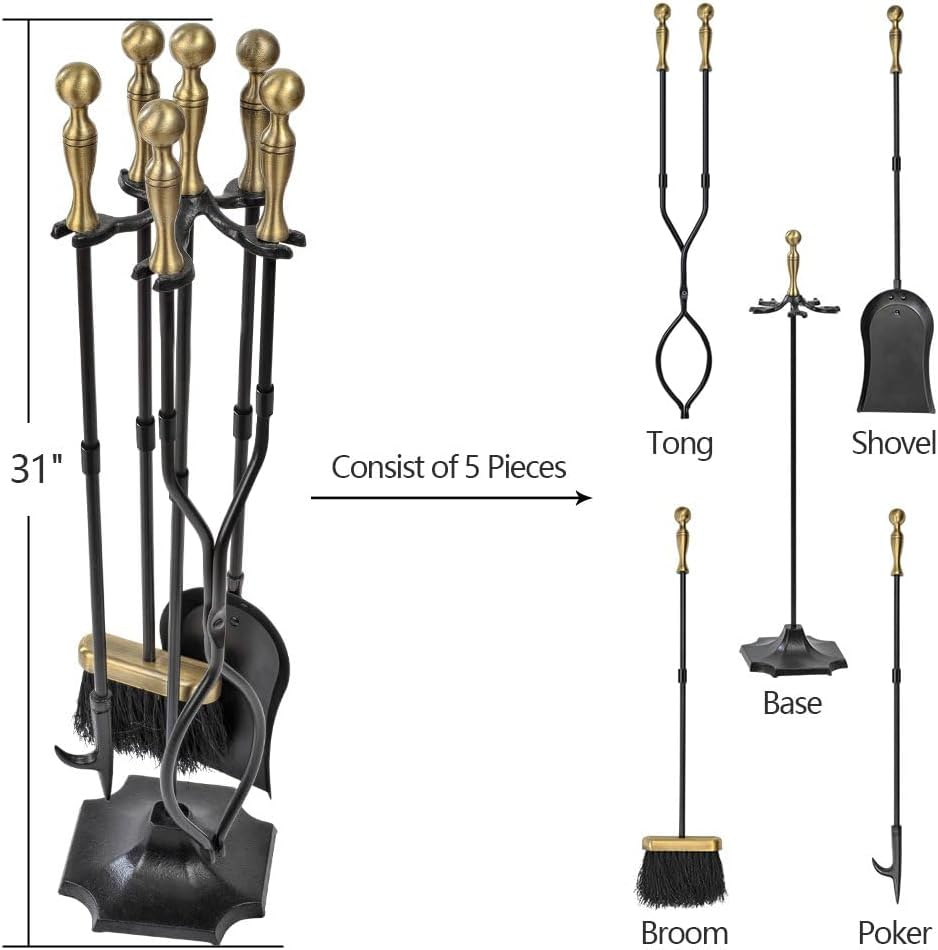 AMAGABELI 26.5 Inches (67.3 Cm) 5-Piece Fireplace Tool Set Fireplace Set with Wrought Iron and Interior Fittings Fireplace Accessories Fireplace Stand Fire Tongs Shovel Antique Brush Chimney Poker image number 3