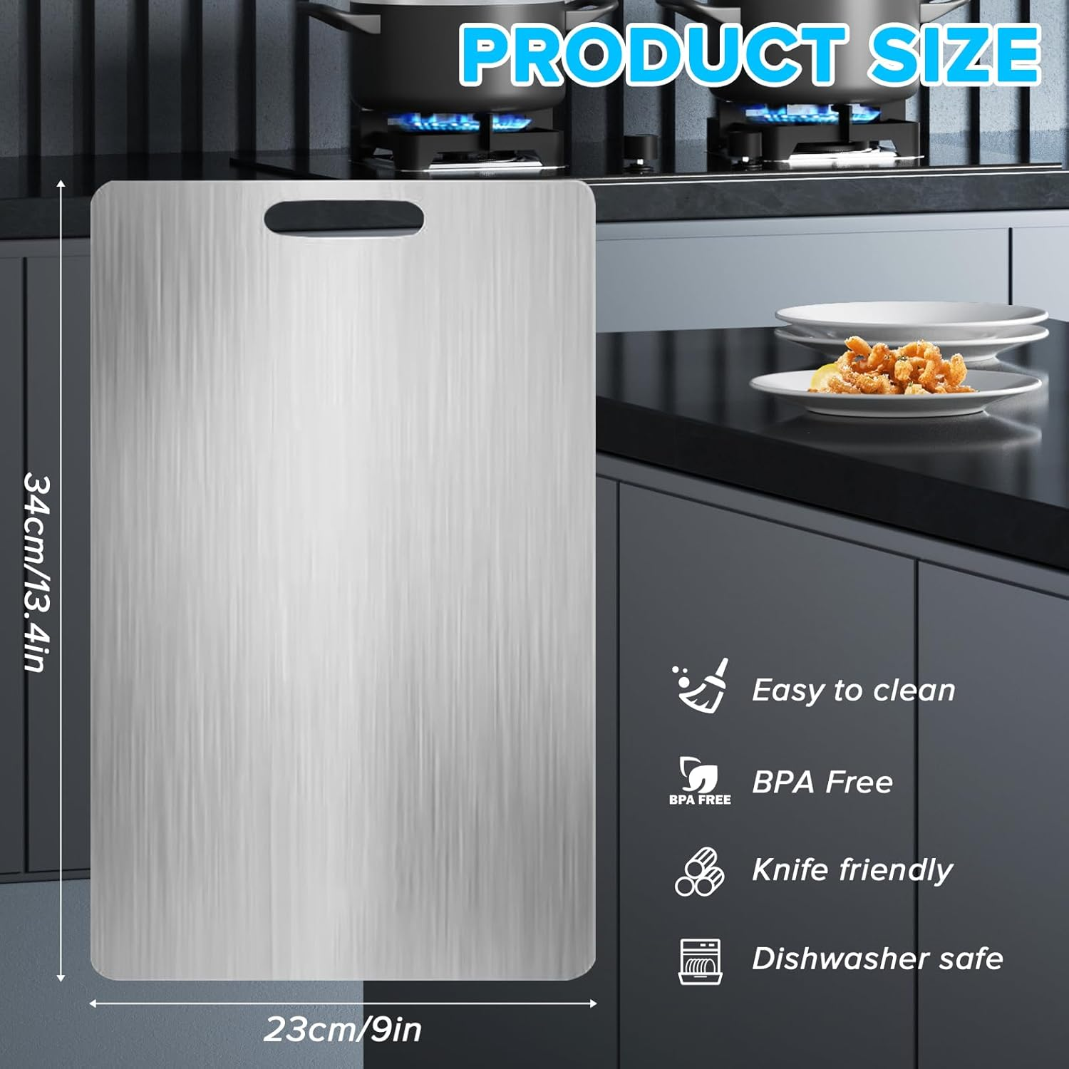 Yakiter Cutting Board, 304 Stainless Steel Chopping Board with Handles, Double-Sided Cutting Board for Kitchen & Meat Cheese Vegetable Fruit, Mold Free, Hygienic (34 * 23Cm) image number 2