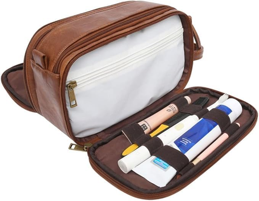 Water-Resistant Leather Toiletry Bag for Men, Large Travel Wash Bag Shaving Dopp Kit Bathroom Toiletries Makeup Organizer (Brown) image number 5