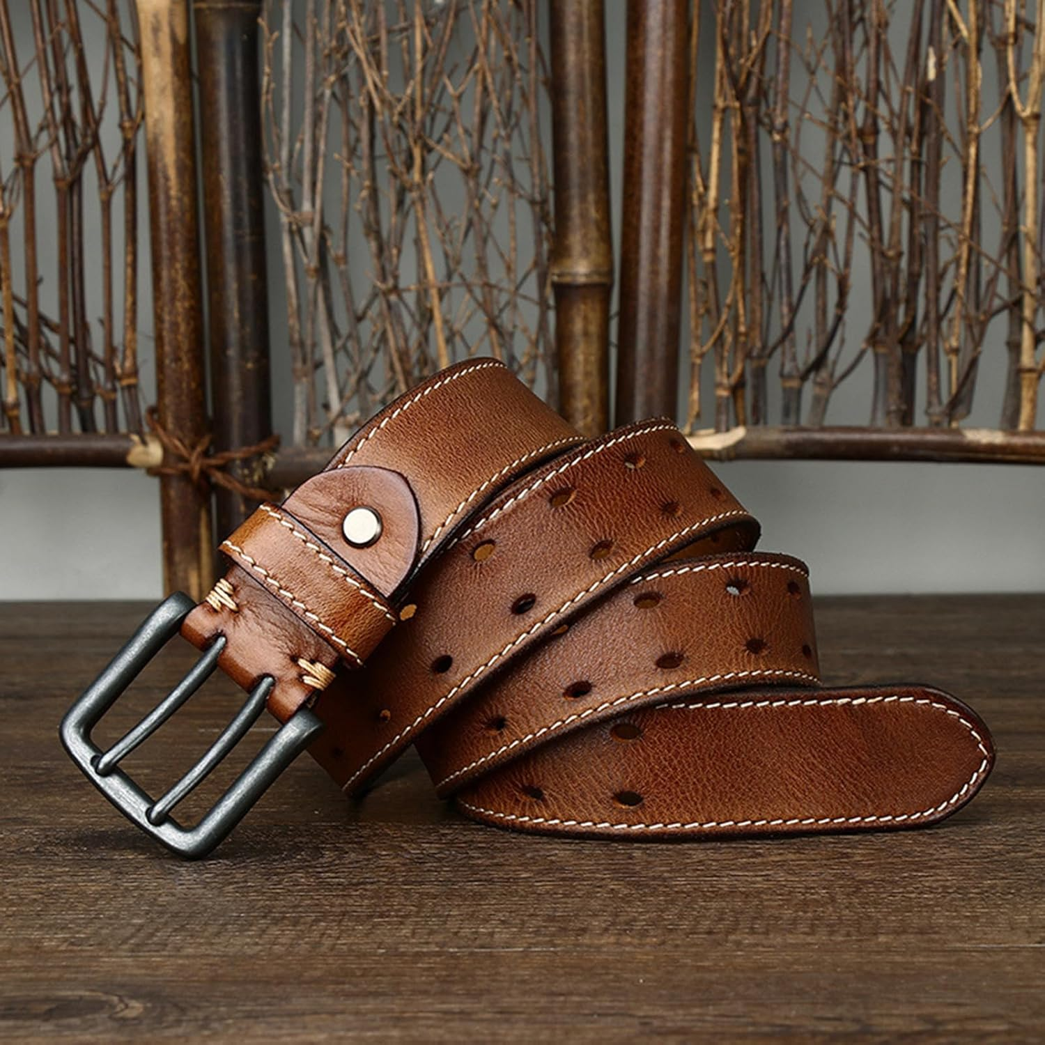 Double Prong Buckle Full Grain Real Cow Leather Belt - Stitched, Work/Casual Grommet Holes, 38Mm for Men Women