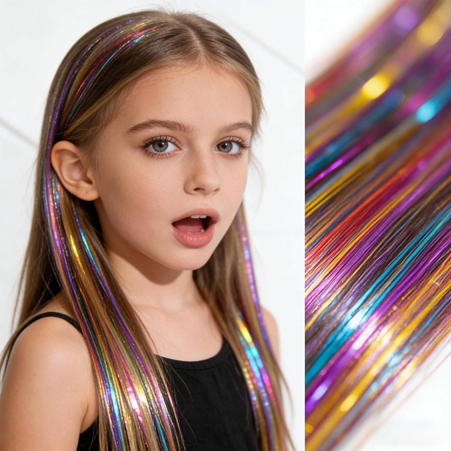 Hair Tinsel Clip in Gold Fairy Hair Tinsel Kit, 12 Pcs 20 Inch Glitter Clip in Hair Extensions for Girls Women Kids Christmas New Year Festival Party (Colorful) image number 3