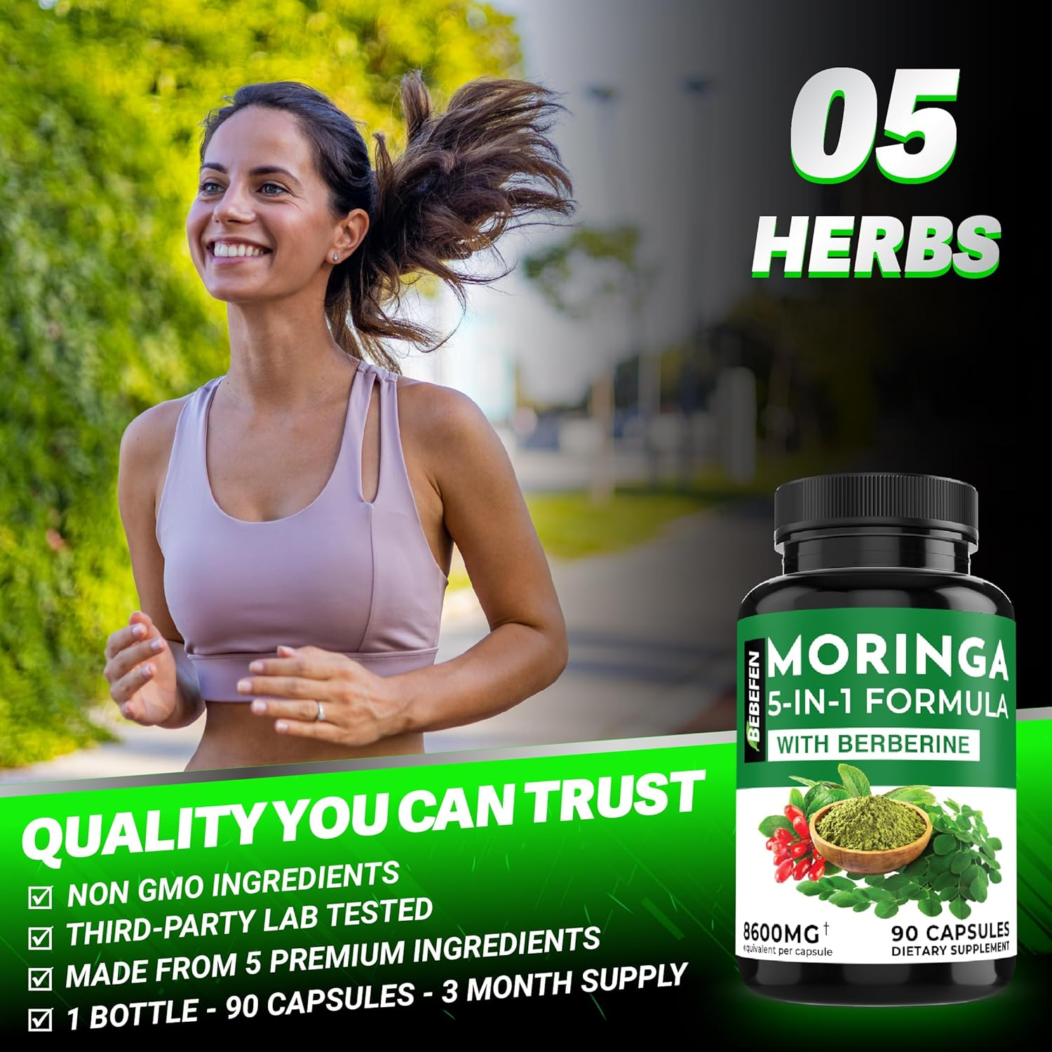 Moringa Capsules with Berberine | Turmeric | Ashwagandha | and Spirulina - 5In1 Moringa Supplement - Equivalent 8600Mg per Capsule - 90 Capsules for 3 Months Supply image number 2