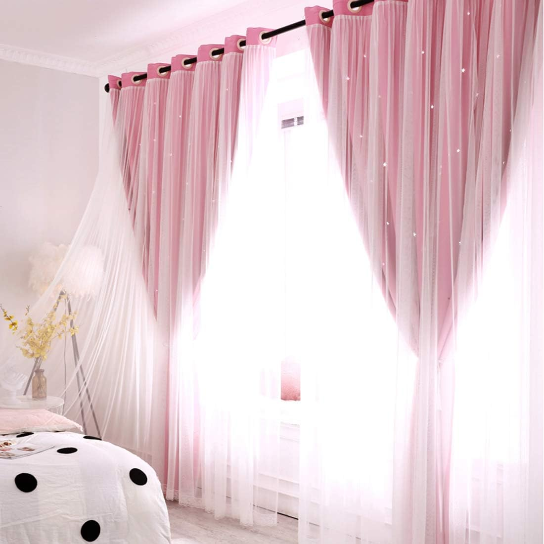 UNISTAR 2 Panels Stars Blackout Curtains for Bedroom Girls Kids Baby Window Curtain Double Layer Star Cut Out Aesthetic Living Room Decor Wall Home Decorations Curtain,W52 X L84 Inches,Pink image number 4