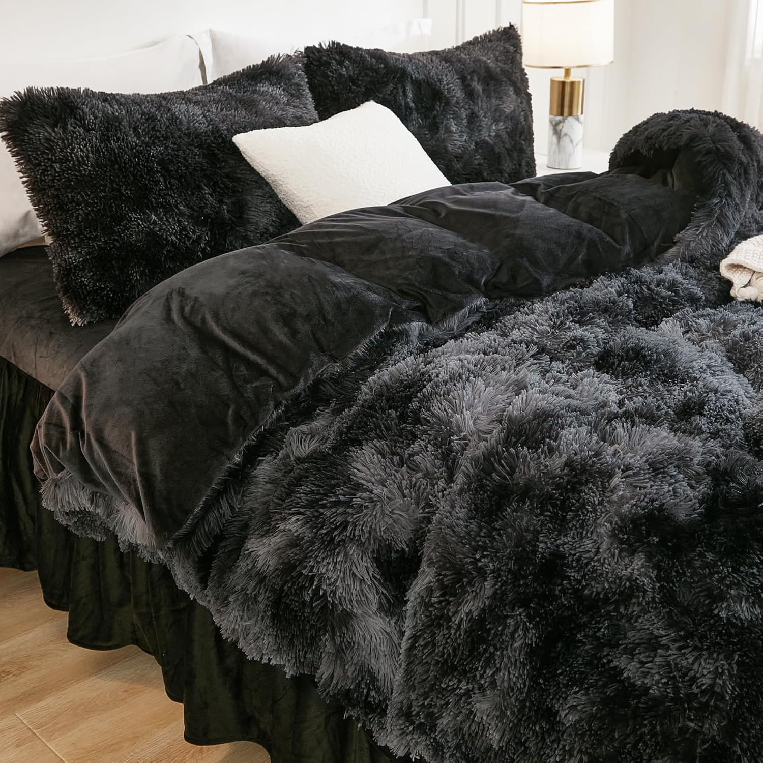 Andency Faux Fur Tie-Dyed Black Grey Comforter for Queen Size Bed, 3 Pieces Fluffy Fuzzy Plush Bedding Set (1 Shaggy Velvet Comforter & 2 Pillowcases), Soft Puffy down Bedding Set