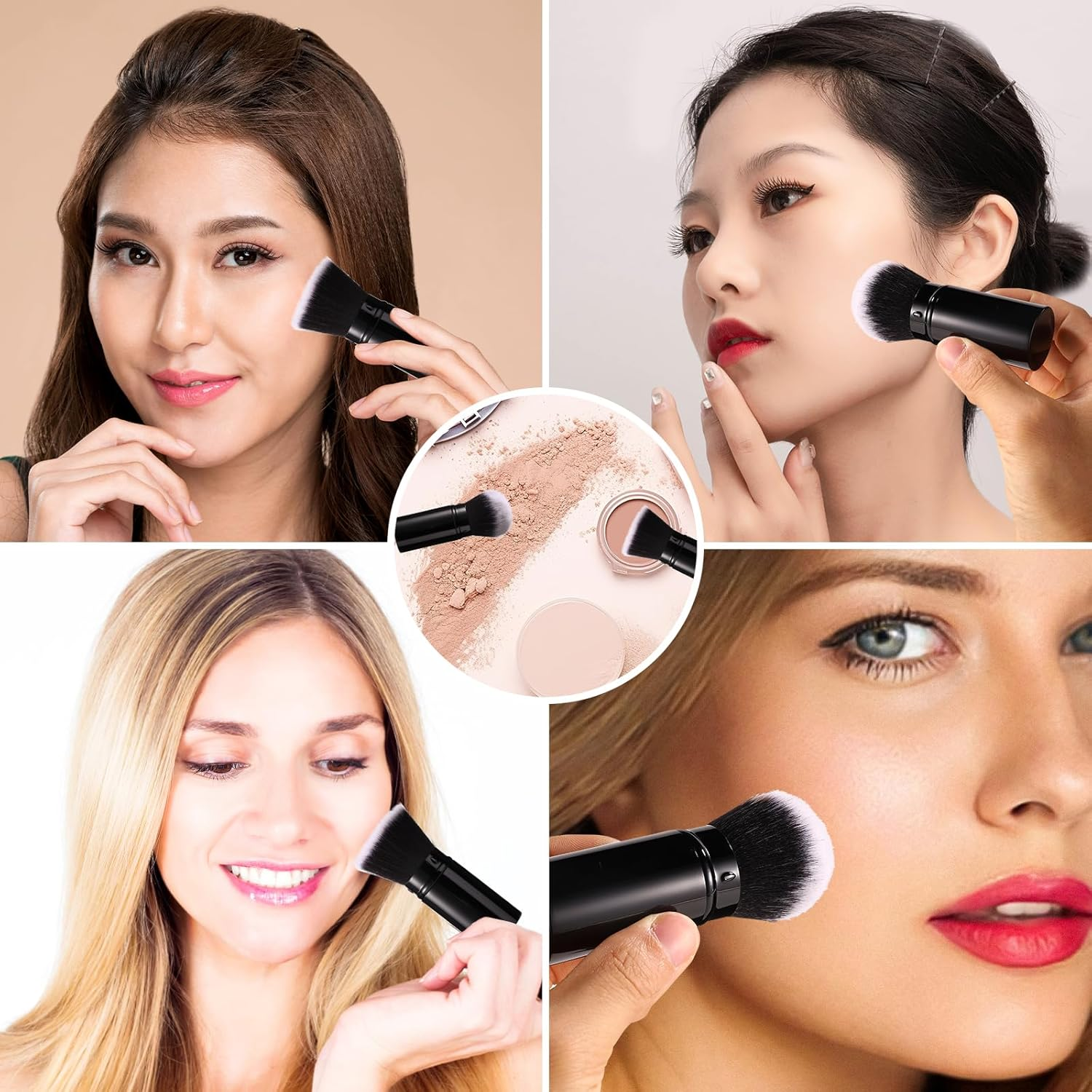 2Pcs Travel Face Blush Brush, Retractable Makeup Brush Portable Powder Foundation Sunscreen Brush Black and White Hair (Flat Head + round Head) image number 6