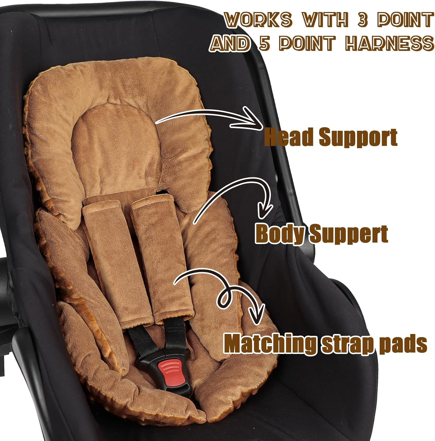 GFU Infant Car Seat Insert Head and Body Support, Reversible Newborn Insert for Carseat with Strap Pads, Soft Stroller Cushion Pillow Insert for Boys and Girls, Fits for Stroller, Swing, Brown image number 3