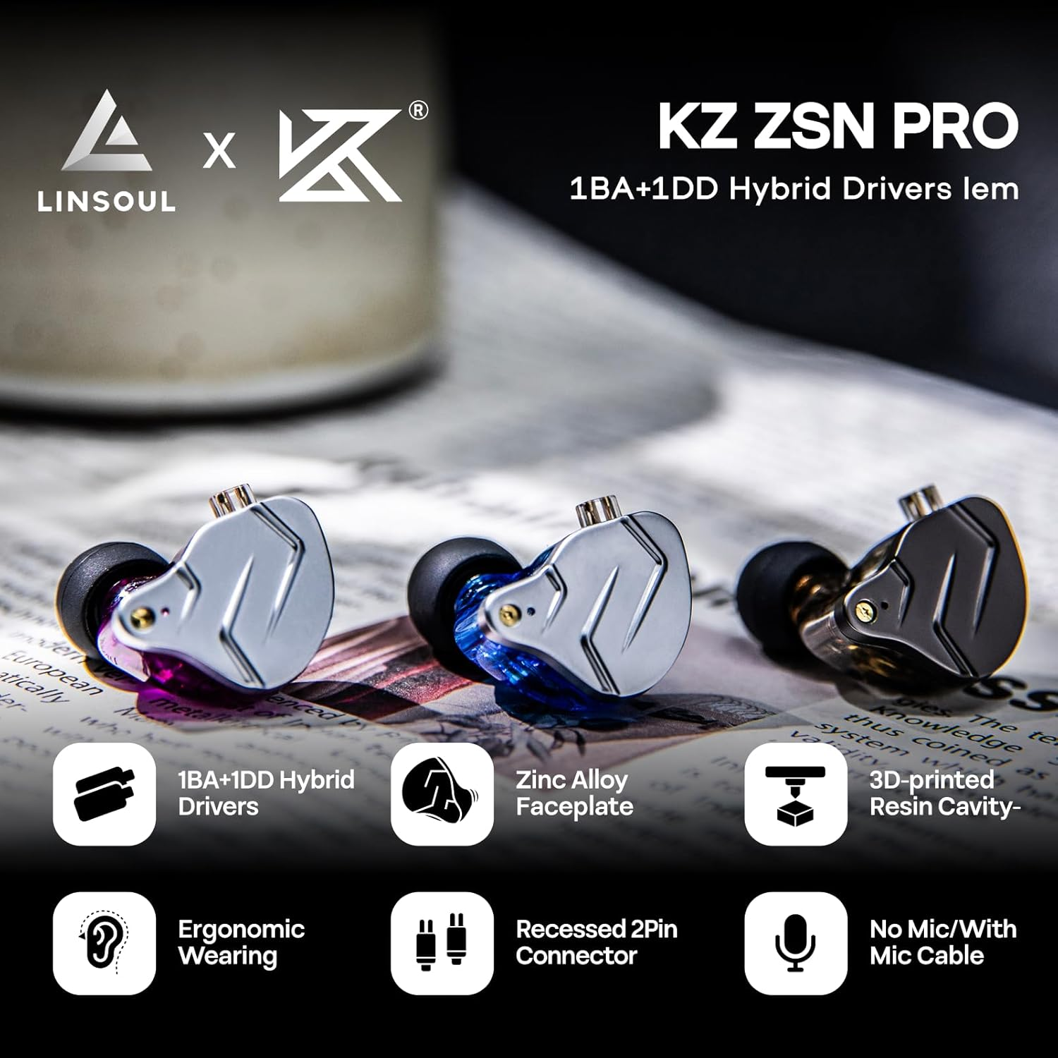 Linsoul KZ ZSN Pro Dual Driver 1BA+1DD Hybrid Metal Earphones Hifi In-Ear Monitor with Detachable Recessed 2Pin Cable, Zin Alloy Panel (Without Mic, Blue) image number 6