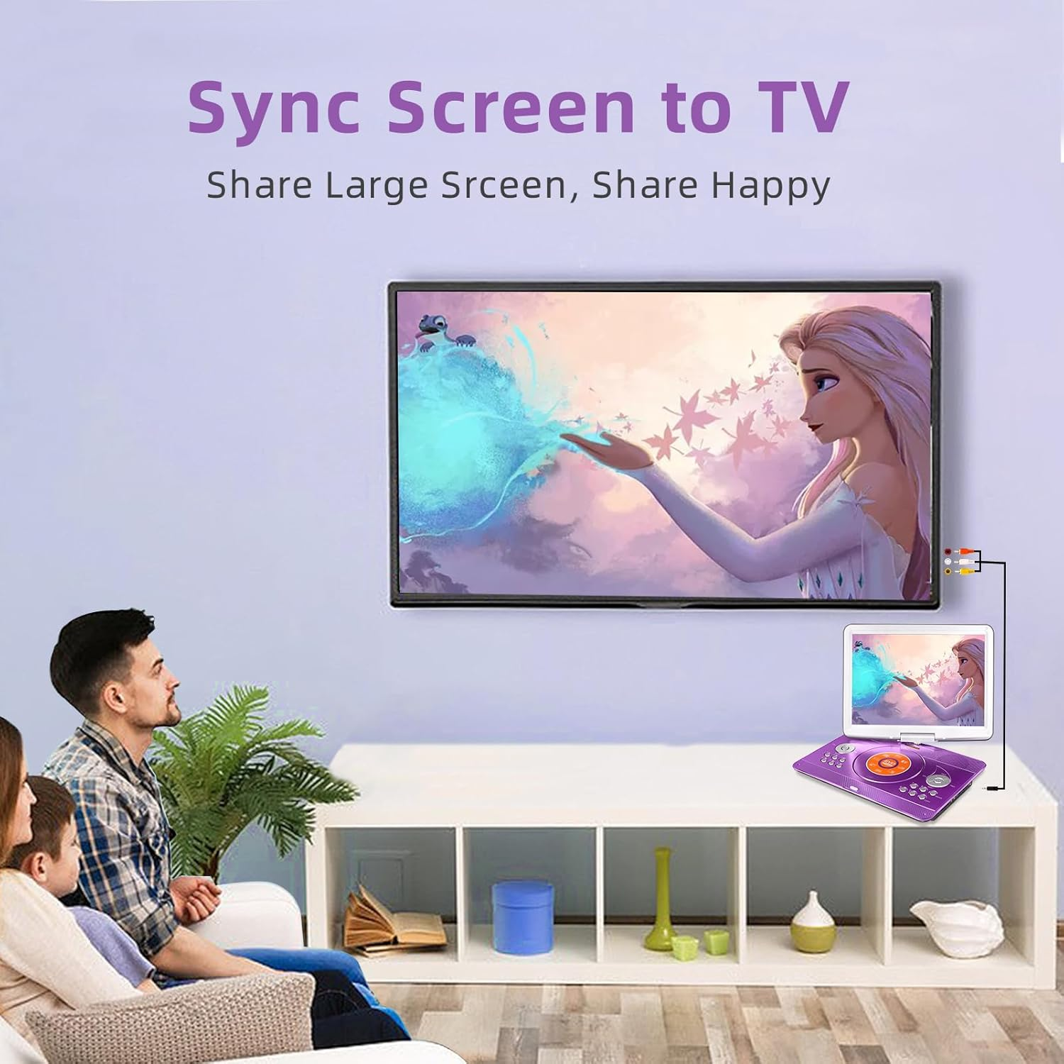 16.9'' Portable DVD Player with 14.1'' Large Swivel HD Screen, Kids DVD Players Portable with 6 Hrs 5000Mah Rechargeable Battery【Upgraded】, Sync TV, Support USB/SD Card, with Car Charge,Purple