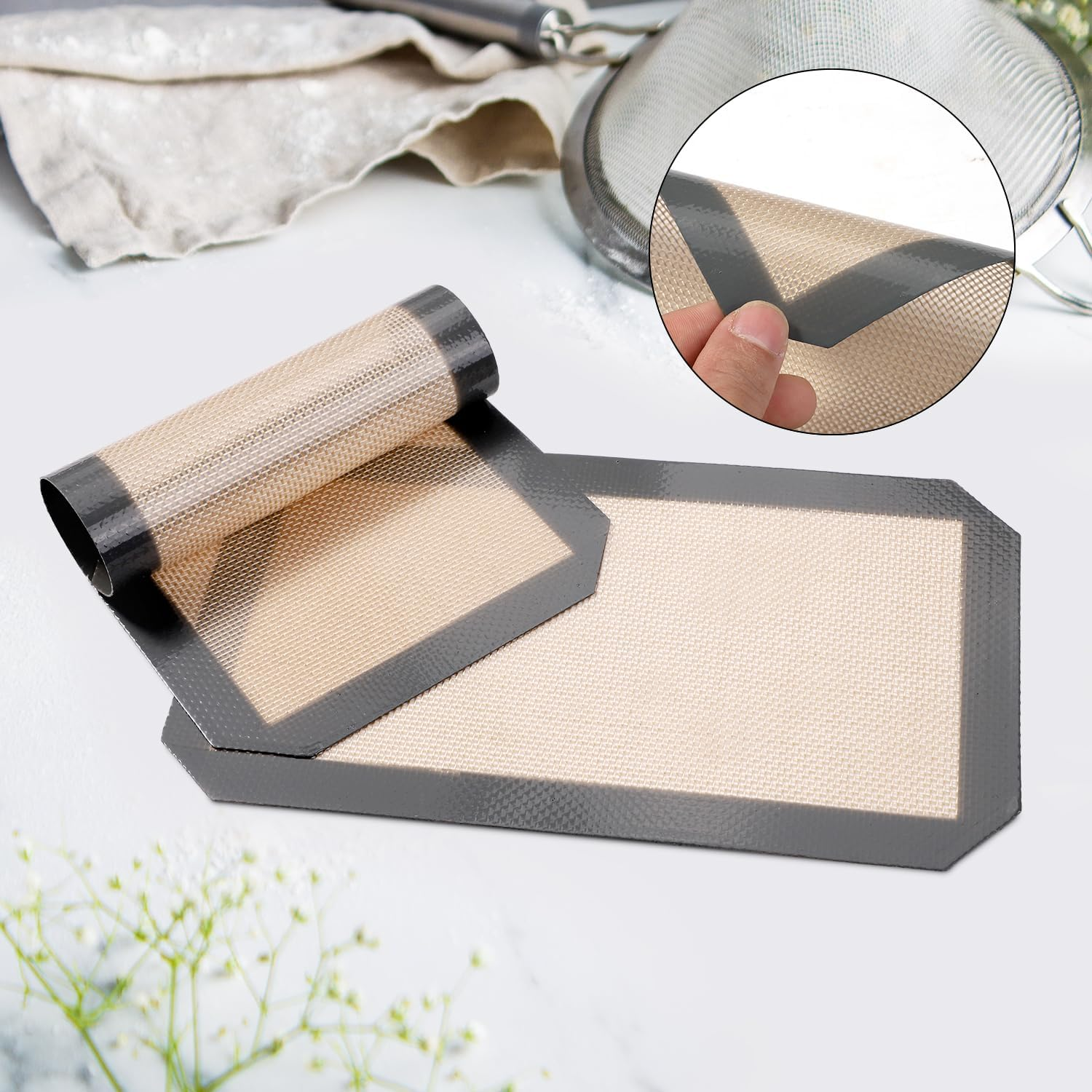 2Pcs Silicone Baking Mats, 9.57X5.59 Inch ST100 & ST101 Silicone Oven Liners 2-In-1 Baking Sheet for Cookies Non Stick Silicone Liners for Ninja for Bread Macarons Toaster (Grey) image number 6