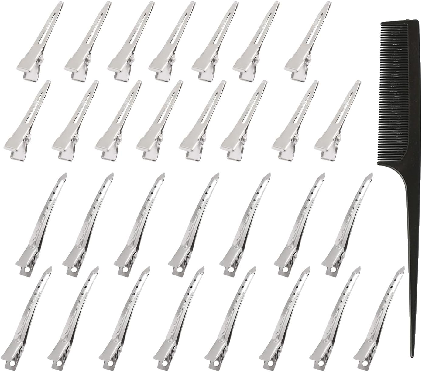 AYNKH 30 Pieces Duck Bill Hair Clips with Styling Comb, 1.8Inch/3.5Inch Silver Metal Rustproof Alligator Curl Clips with Holes for Hair Styling Coloring Sectioning Salon Hairdressing Accessories