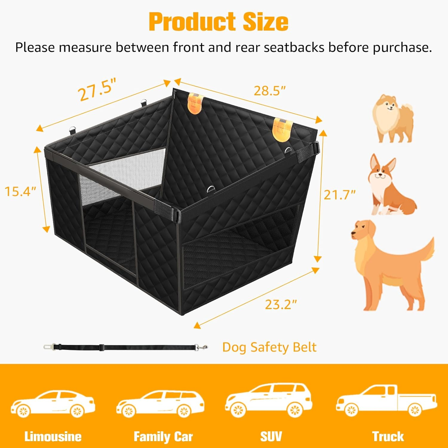 PETICON Large Dog Car Seat, Back Seat Extender for Dogs with 3 Mesh Windows, Waterproof Medium Carseat for Dogs with Hard Bottom, Pet Seat Cover for Cars, Trucks and Suvs (Black) image number 4