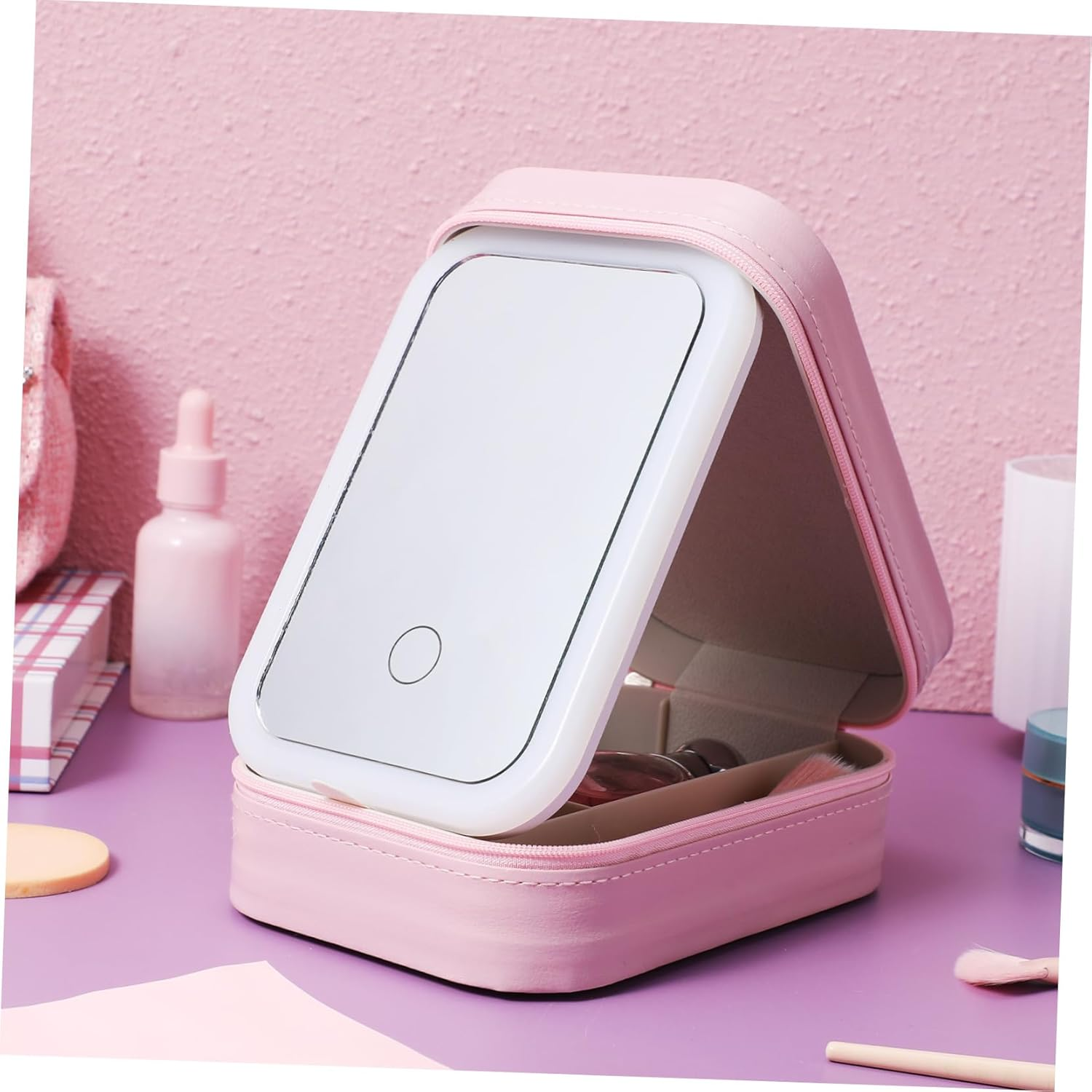 BATHVEVE Lighted Makeup Mirror Cosmetic Organizer Bag with Adjustable Brightness, Small Travel Vanity Case with Led Mirror for Women image number 3