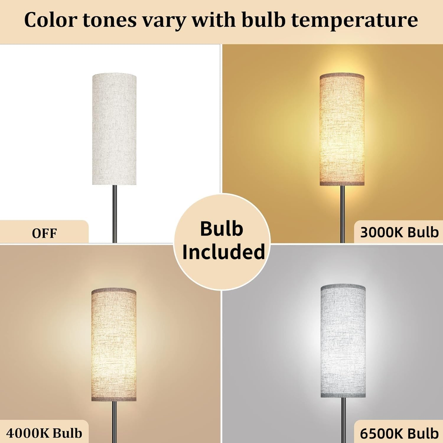 WAMBORY Floor Lamp for Living Room, Dimmable Standing Lamps with 12W 3 Color Temperatures Bulb, Minimalist Pole Lamp with Foot Switch, Elegant Tall Floor Lamps for Bedroom, Office, Kid Room